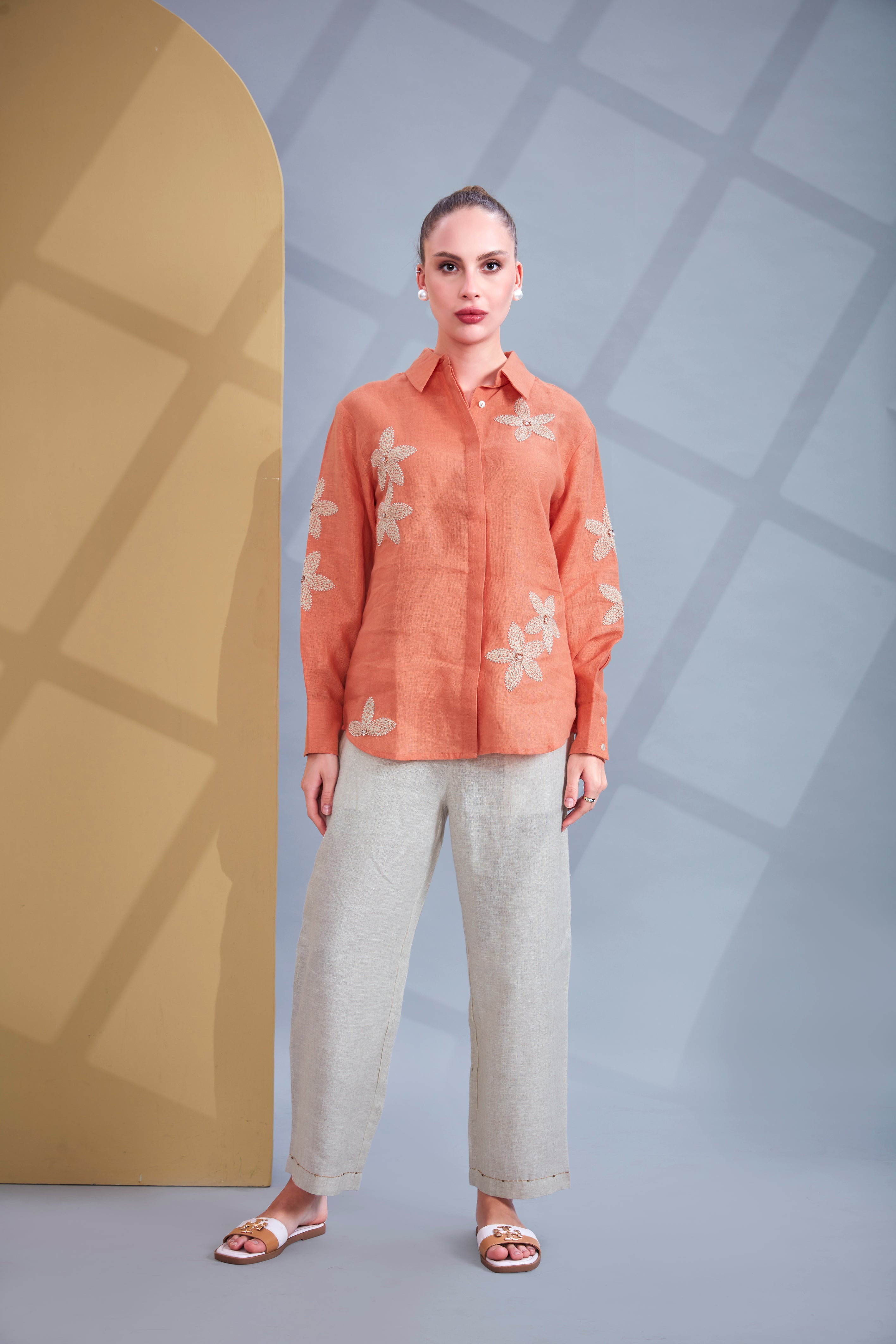 Coral Glow Embroidered Linen Co-Ord Set
