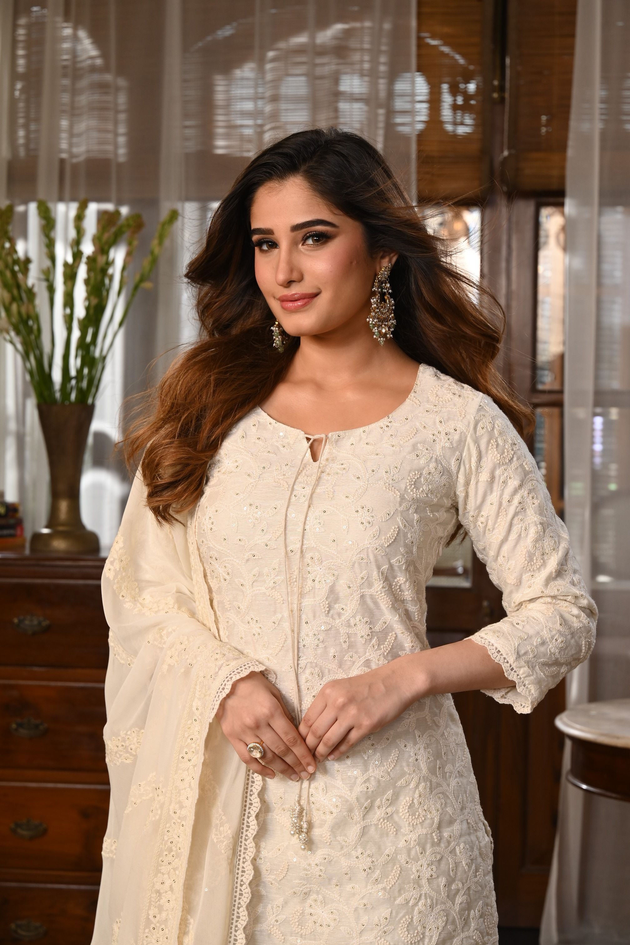 Ivory Embroidered Chanderi Silk Pant Set