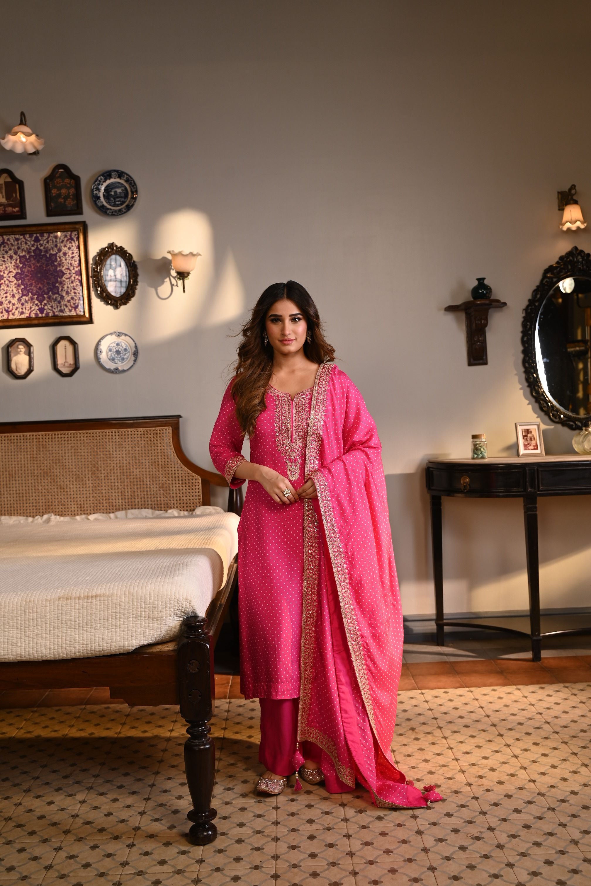 Pink Embellished Pure Muslin Silk Pant Set