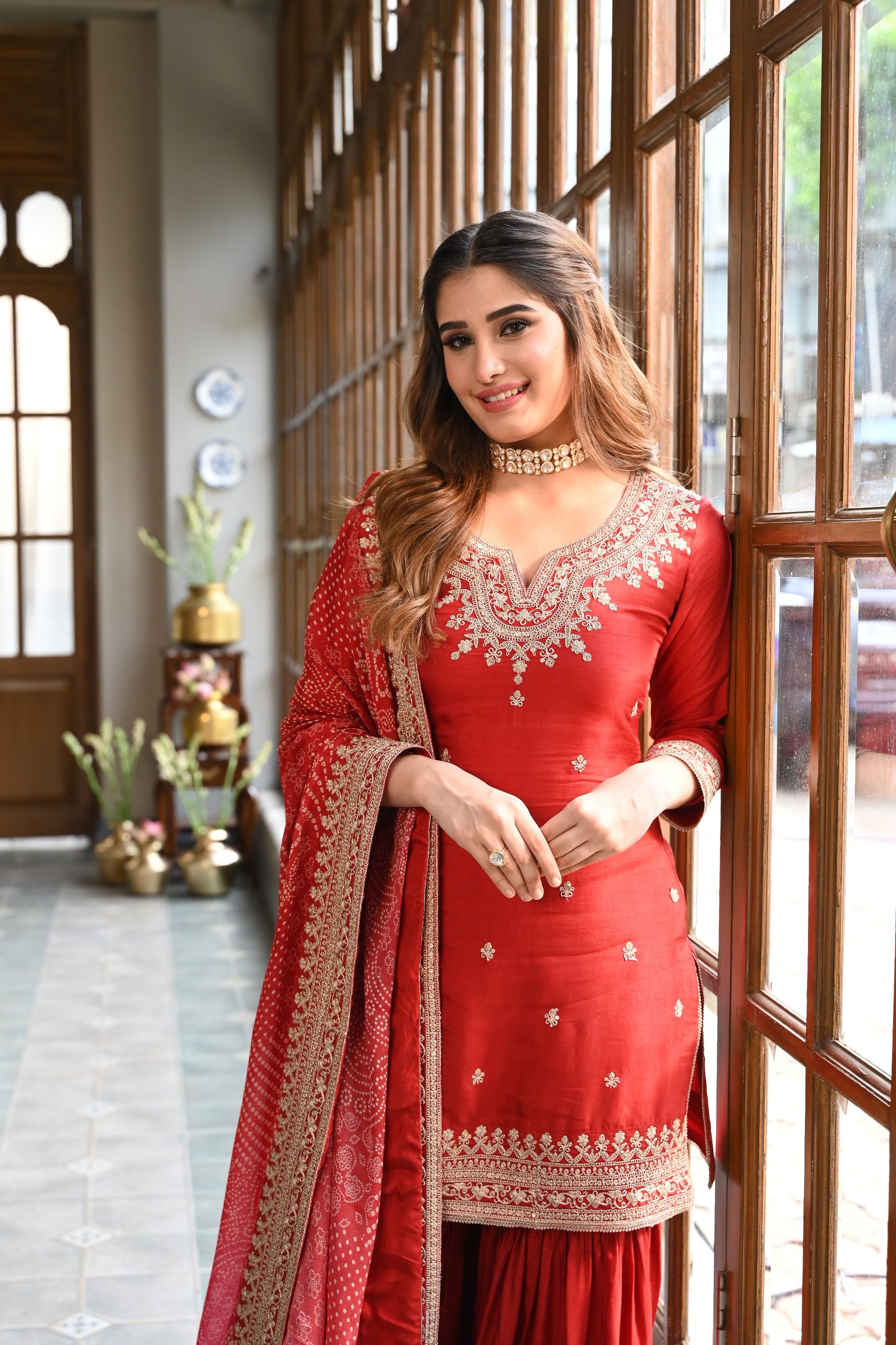 Red Embellished Pure Dola Silk Sharara Set