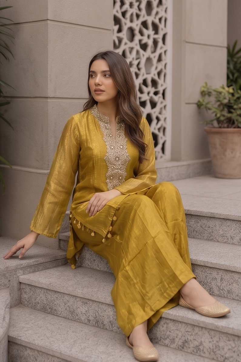 Mustard Gold Embellished Shimmer Tissue Silk Co-Ord Set