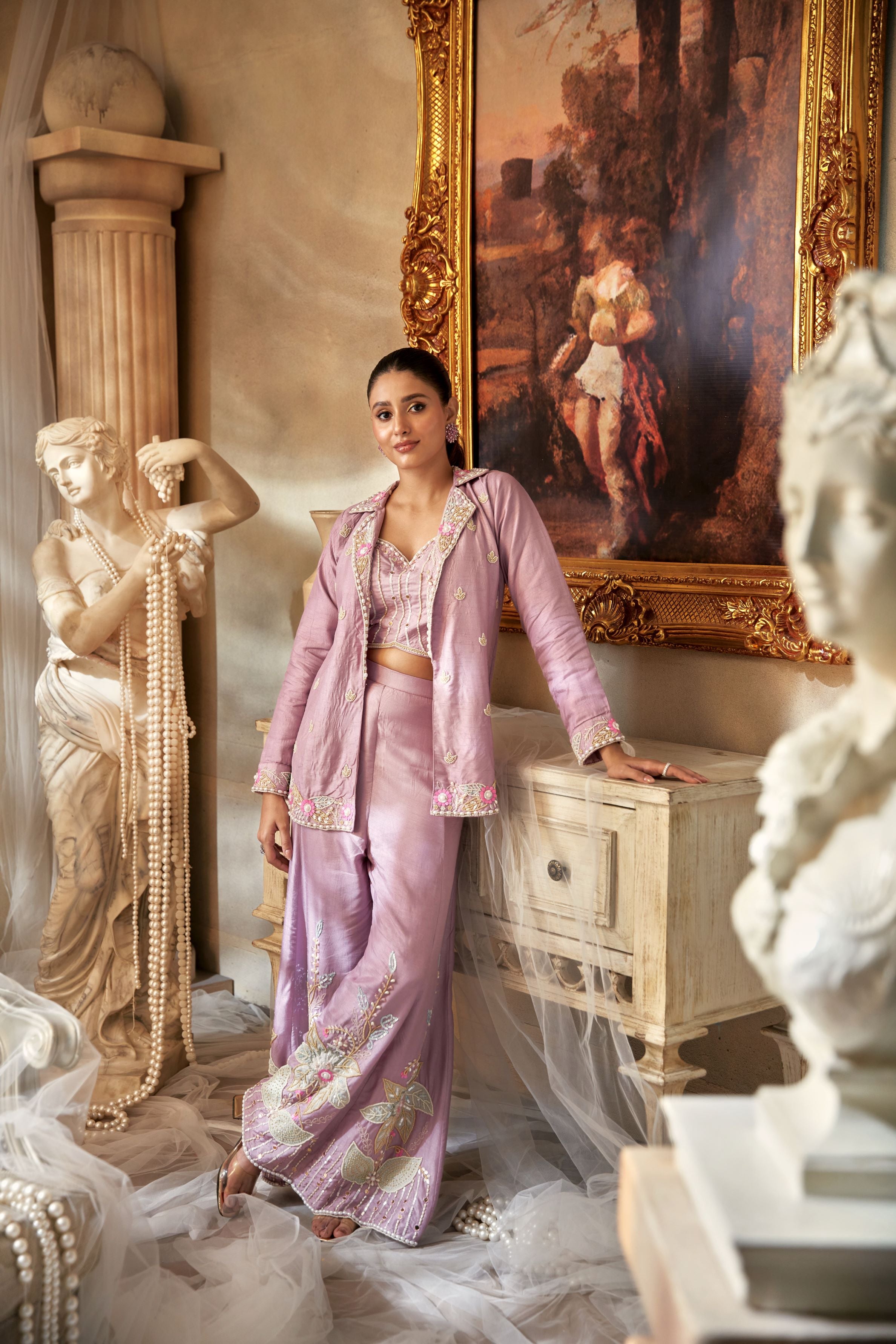 Nude Pink Embellished Premium Silk Jacket & Palazzo Set