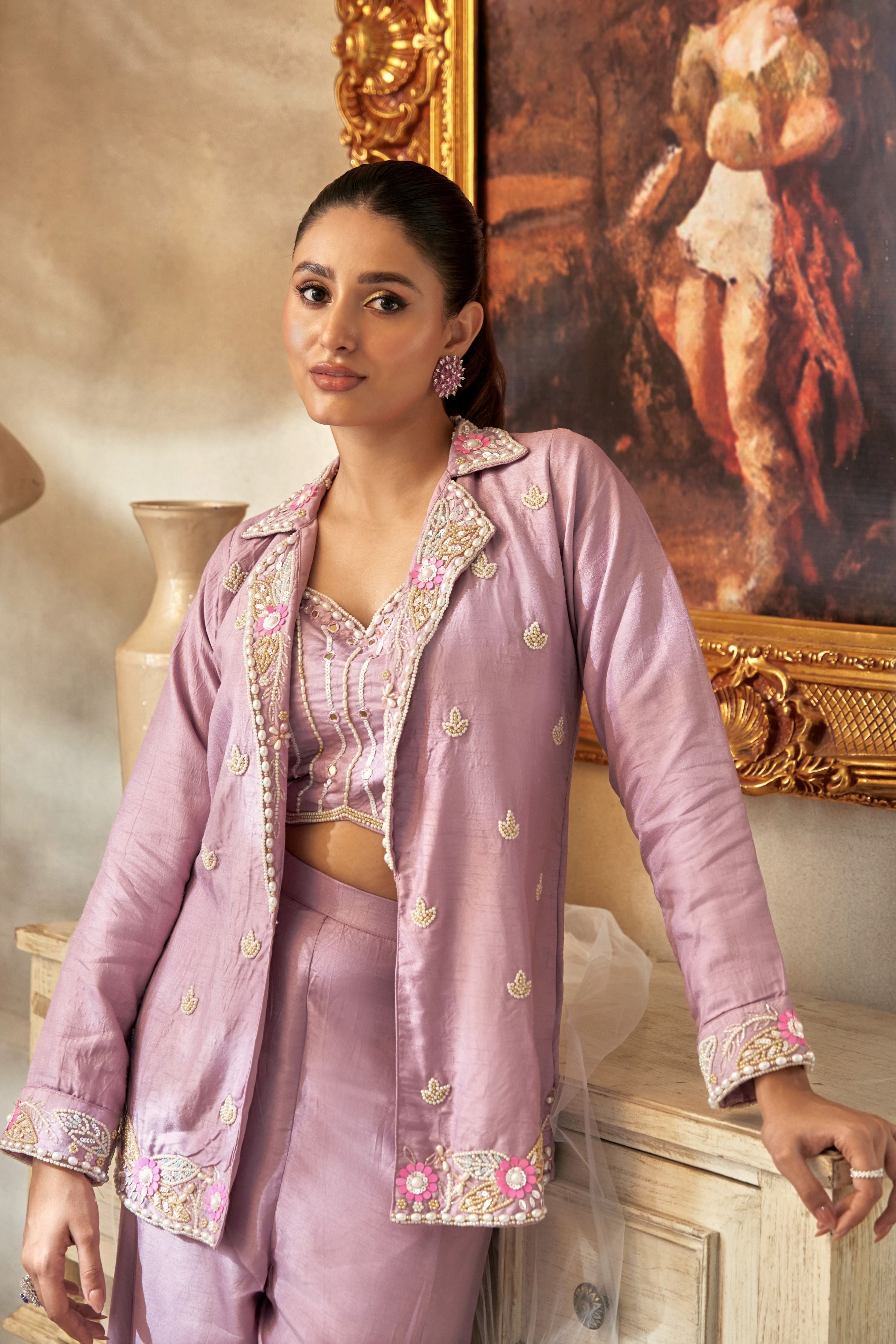 Nude Pink Embellished Premium Silk Jacket & Palazzo Set