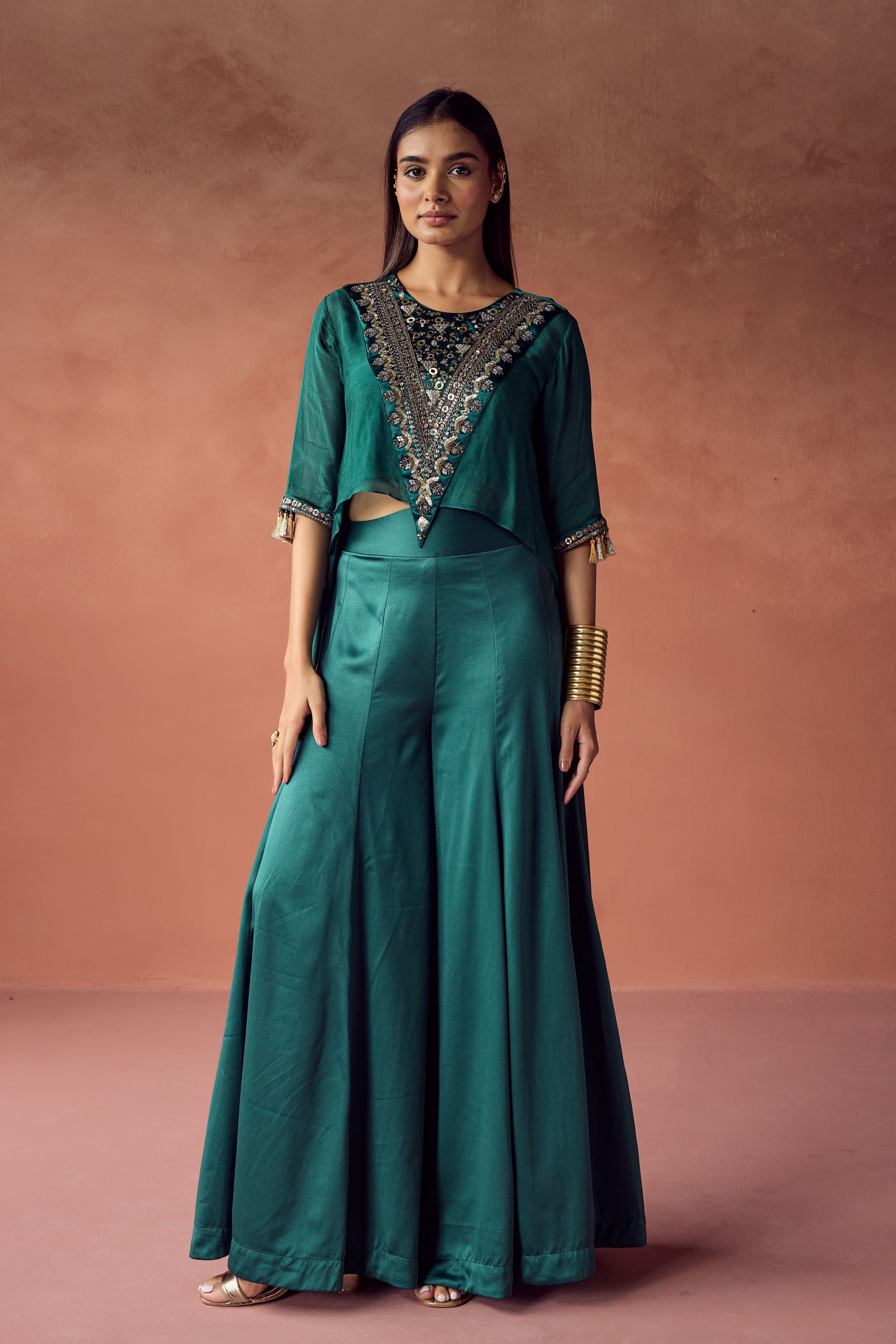 Emerald Luxe Embellished Chinon Silk Co-Ord Set