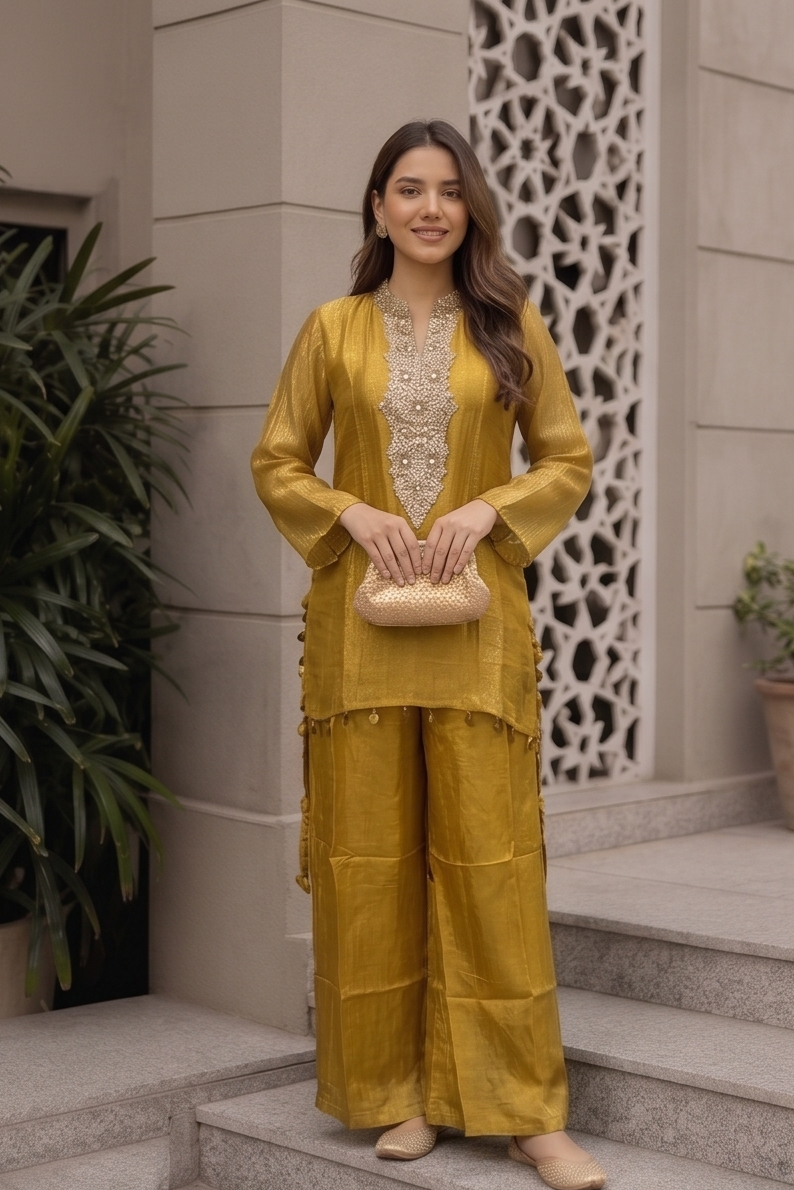 Mustard Gold Embellished Shimmer Tissue Silk Co-Ord Set