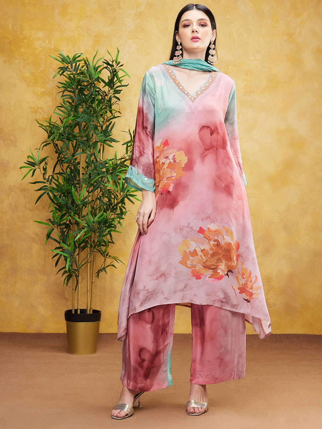 Rose Pink Digital Printed Premium Silk Palazzo Set