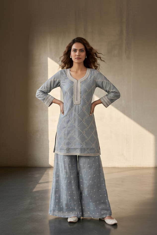 Slate Grey Embroidered Mul-Chanderi Silk Suit Set