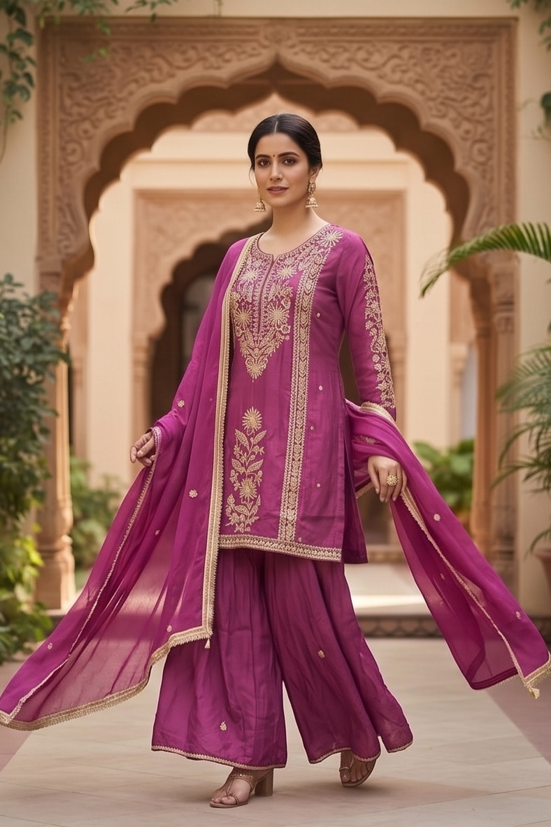 Plum Purple Embroidered Premium Silk Palazzo Set