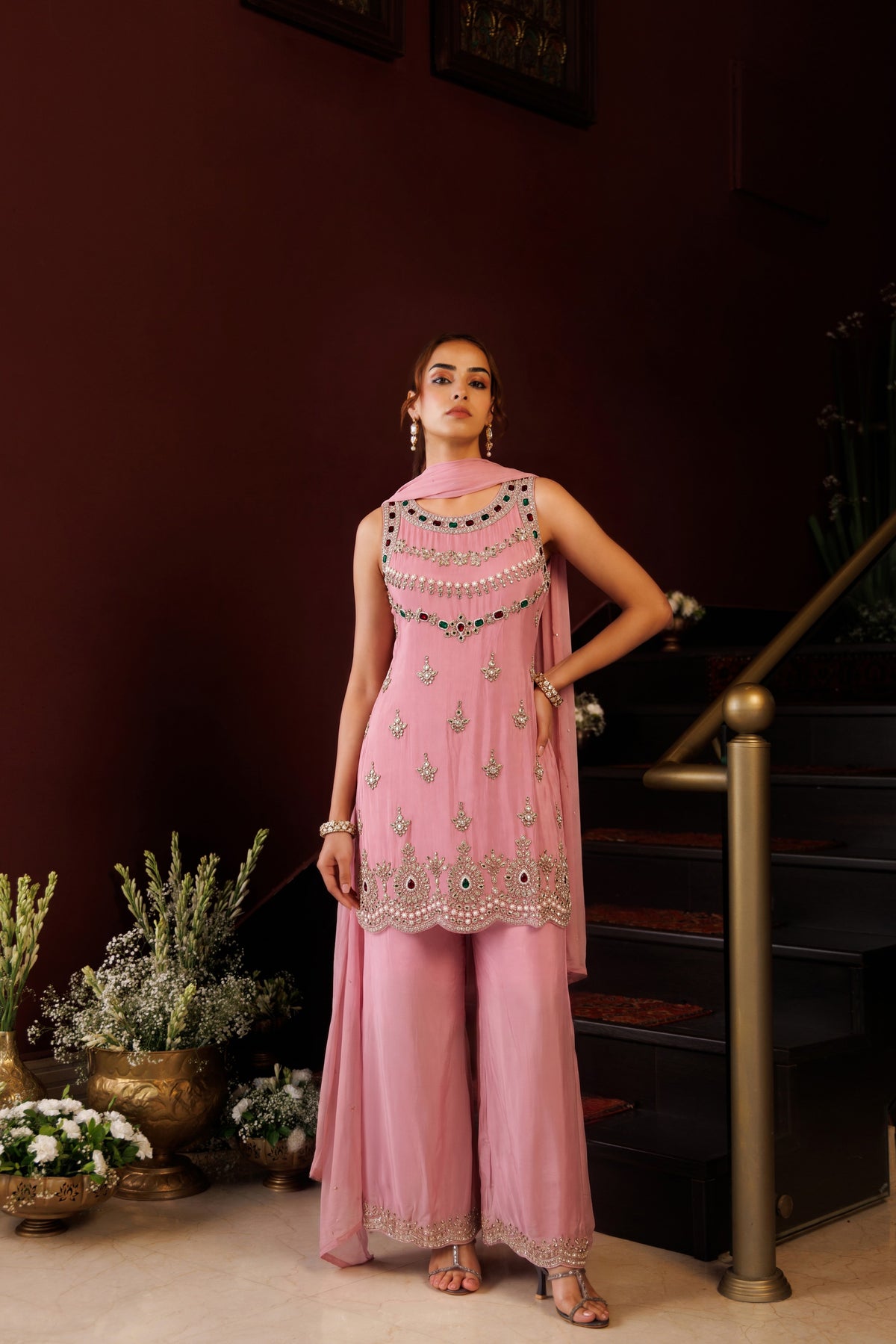 Candy Pink Embellished Crepe Silk Palazzo Set