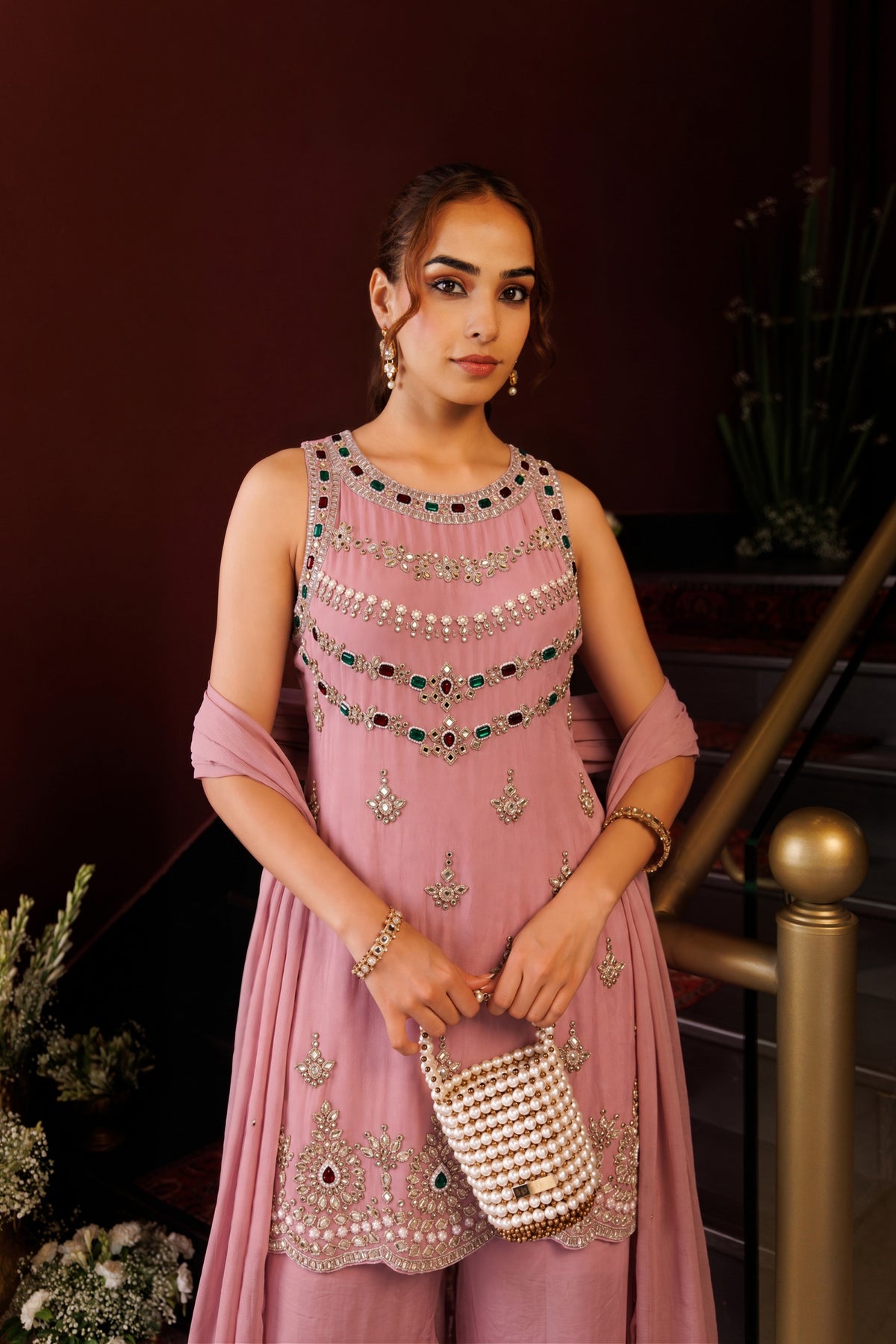 Candy Pink Embellished Crepe Silk Palazzo Set