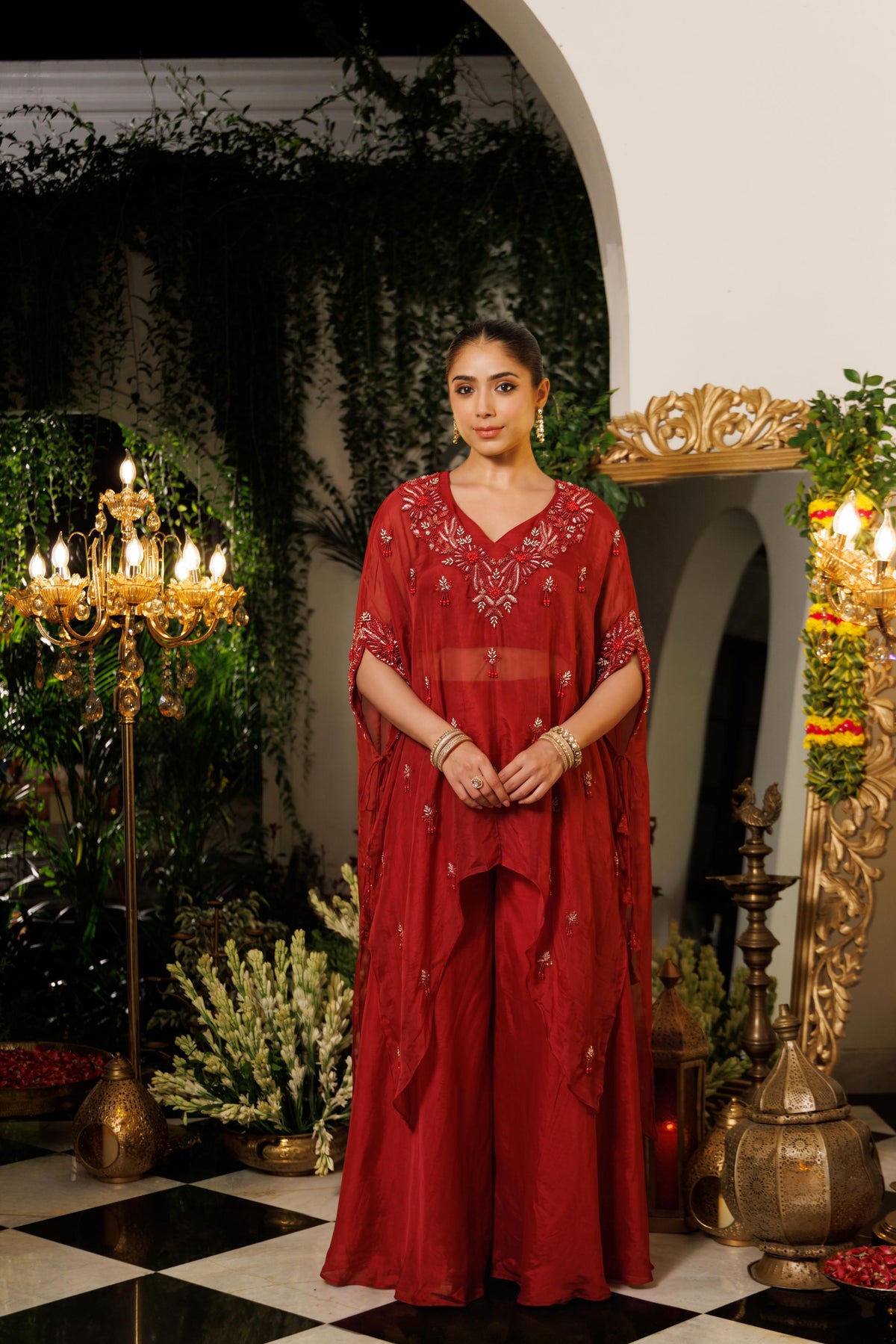 Deep Red Embellished Tissue Silk Kaftan Set