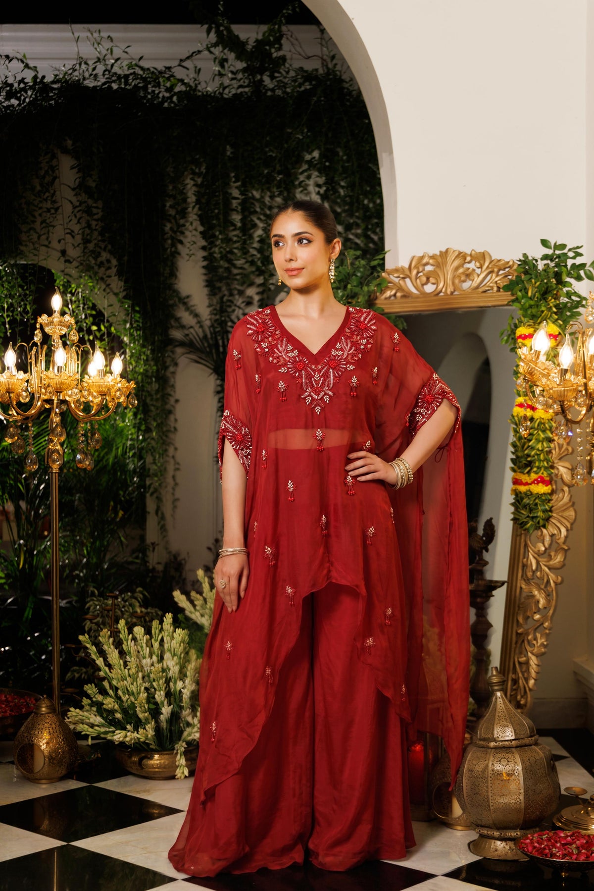 Deep Red Embellished Tissue Silk Kaftan Set