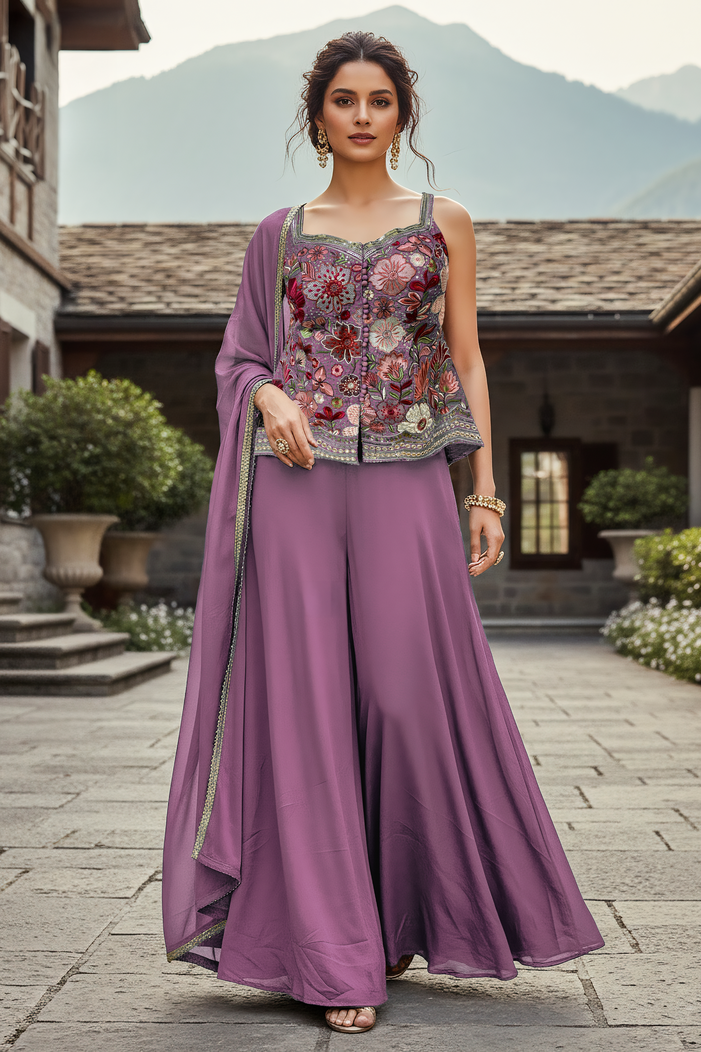 Mauve Purple Embellished Chinon Silk Palazzo Set