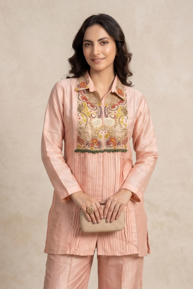 Pastel Peach Embellished Crepe Silk Palazzo Set