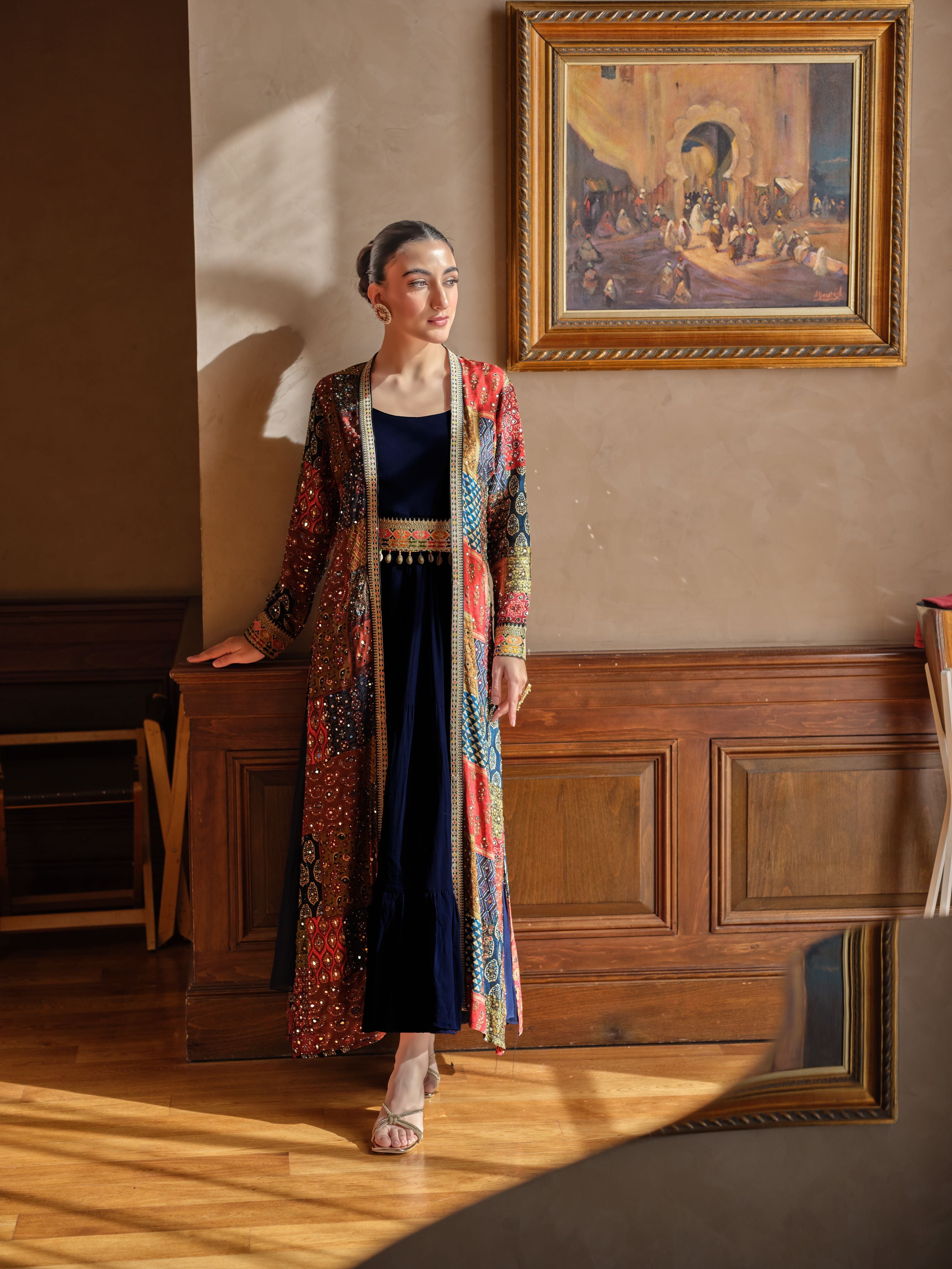 Deep Blue Traditional Printed Jacket Gown