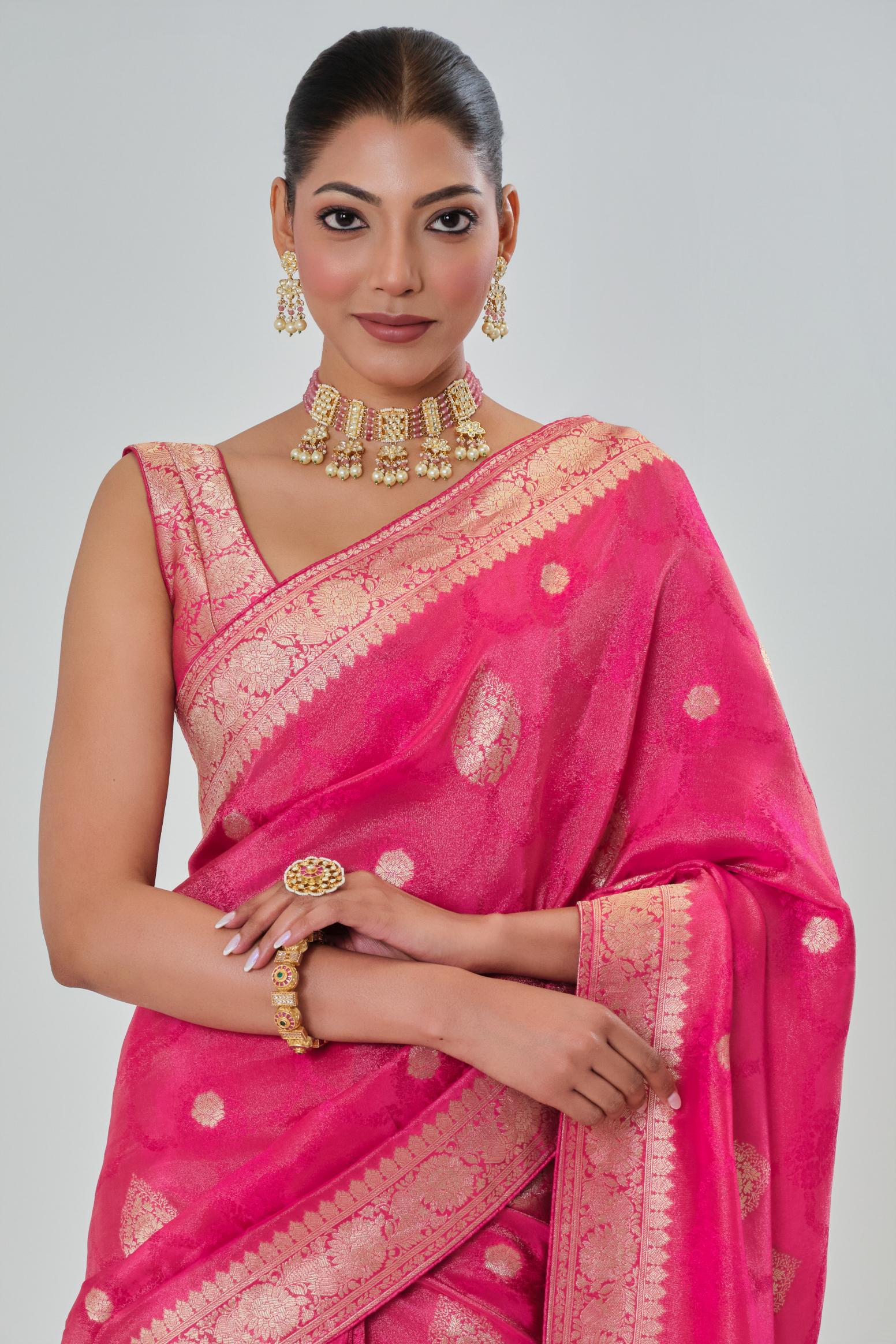 Rouge Pink Embroidered Dola Silk Saree