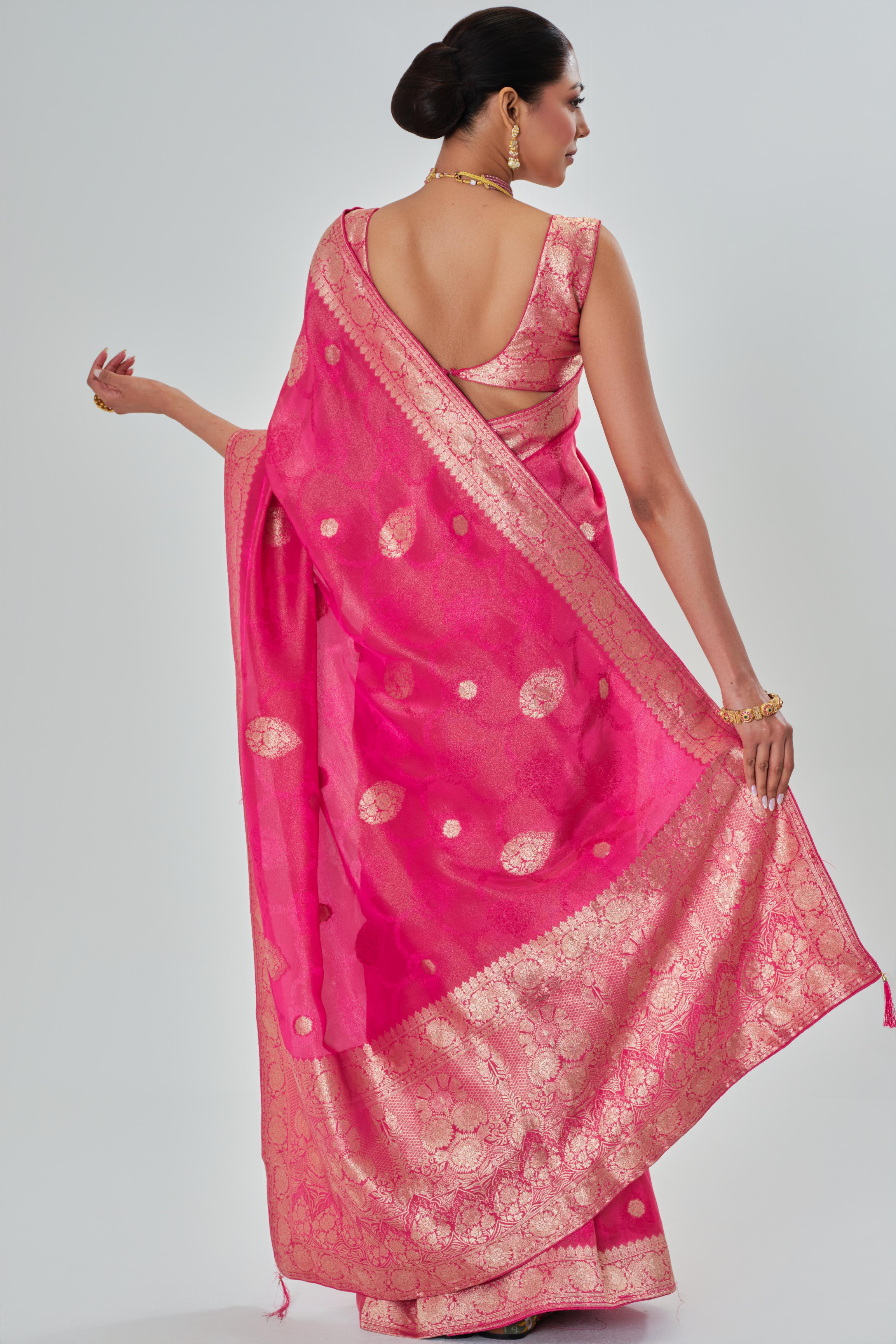 Rouge Pink Embroidered Dola Silk Saree