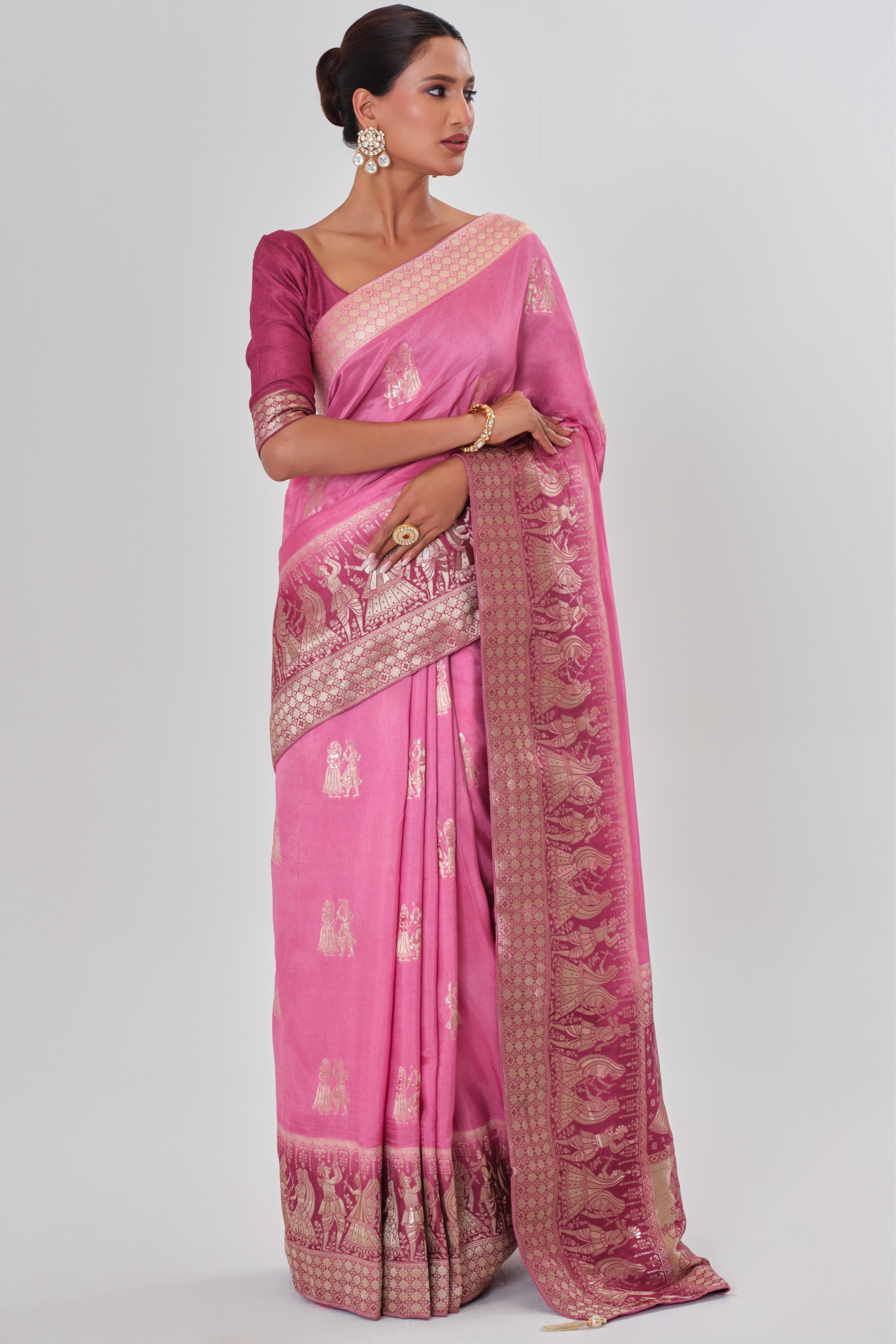 Pink Handwork Dola Silk Saree
