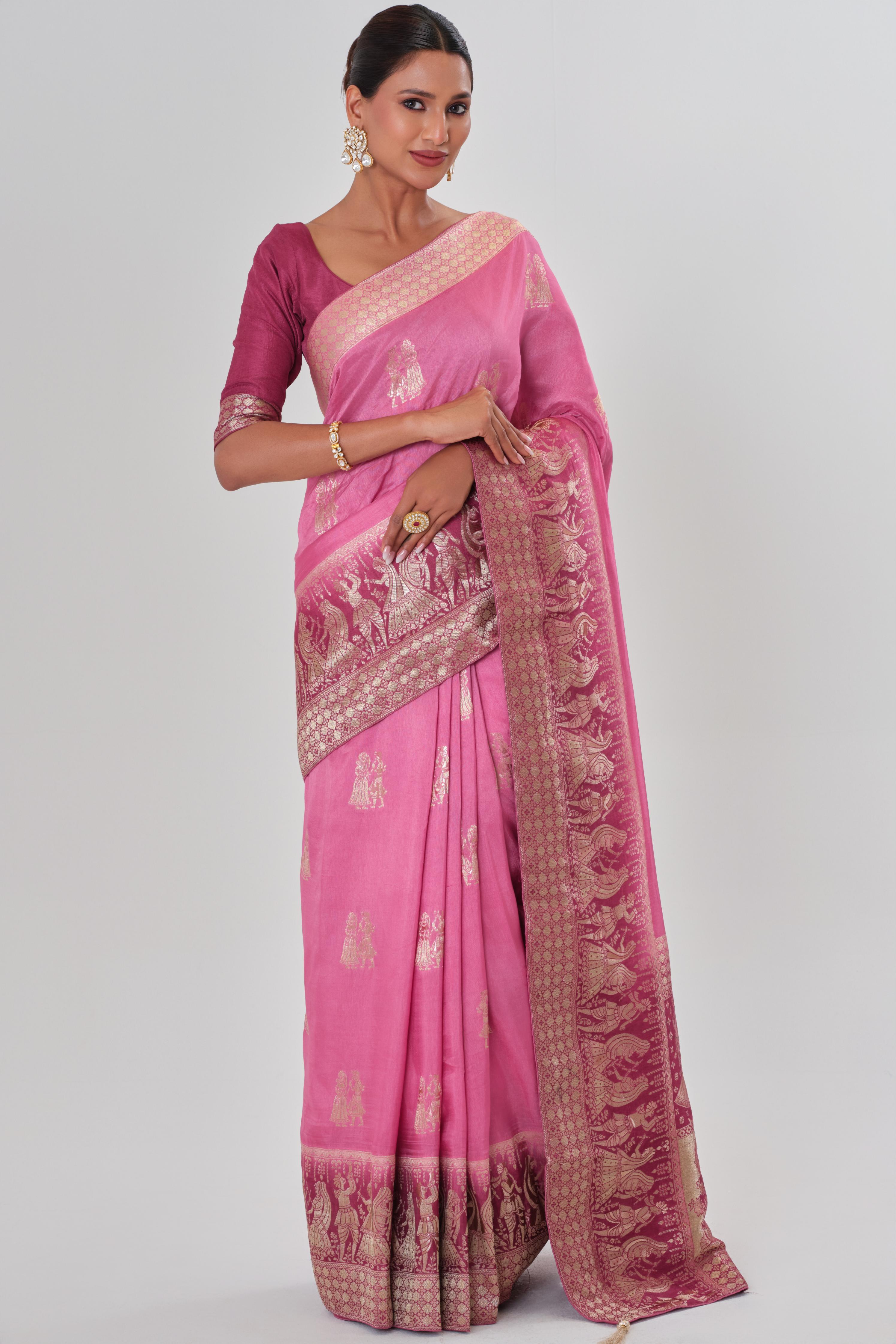 Pink Handwork Dola Silk Saree