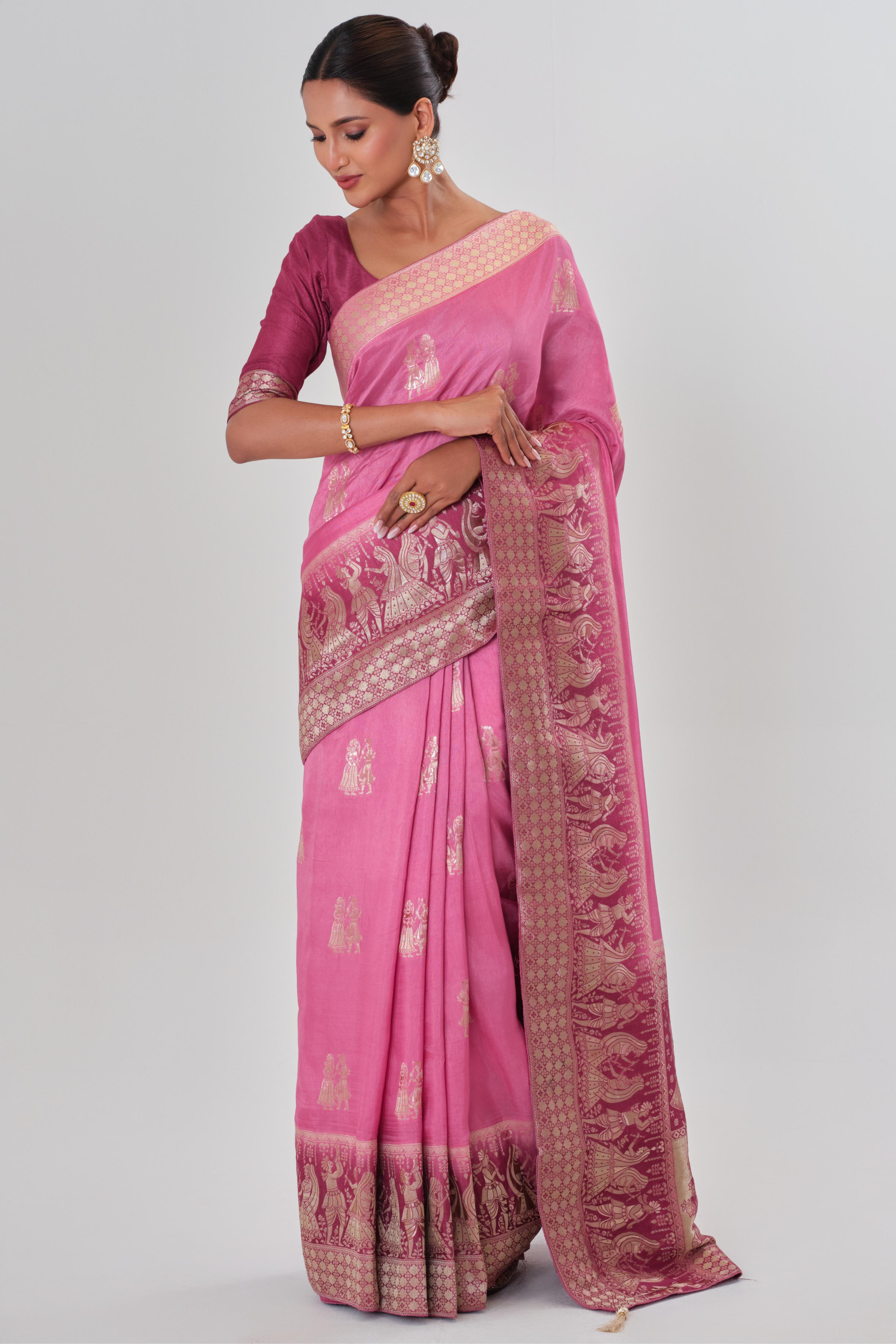 Pink Handwork Dola Silk Saree
