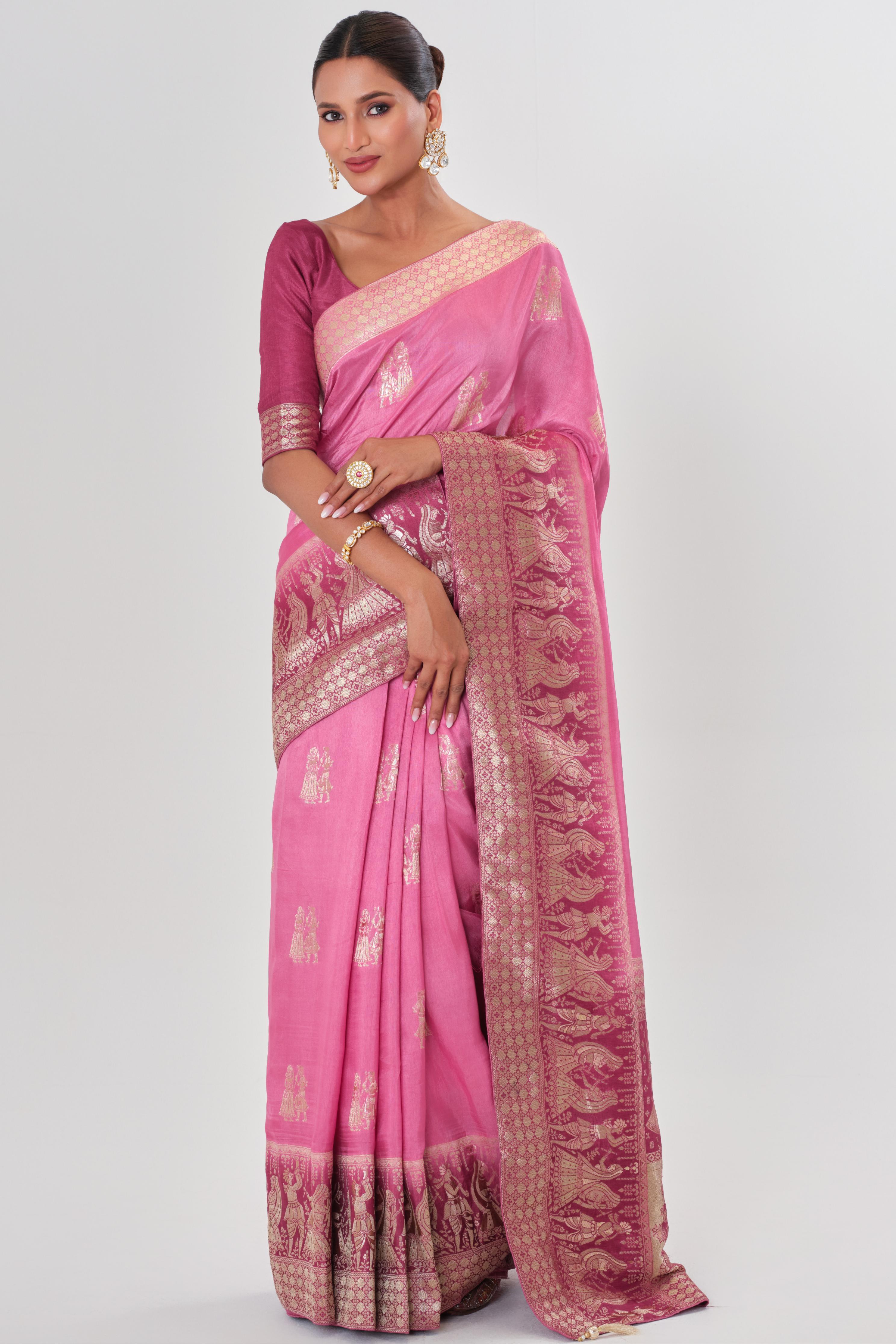 Pink Handwork Dola Silk Saree
