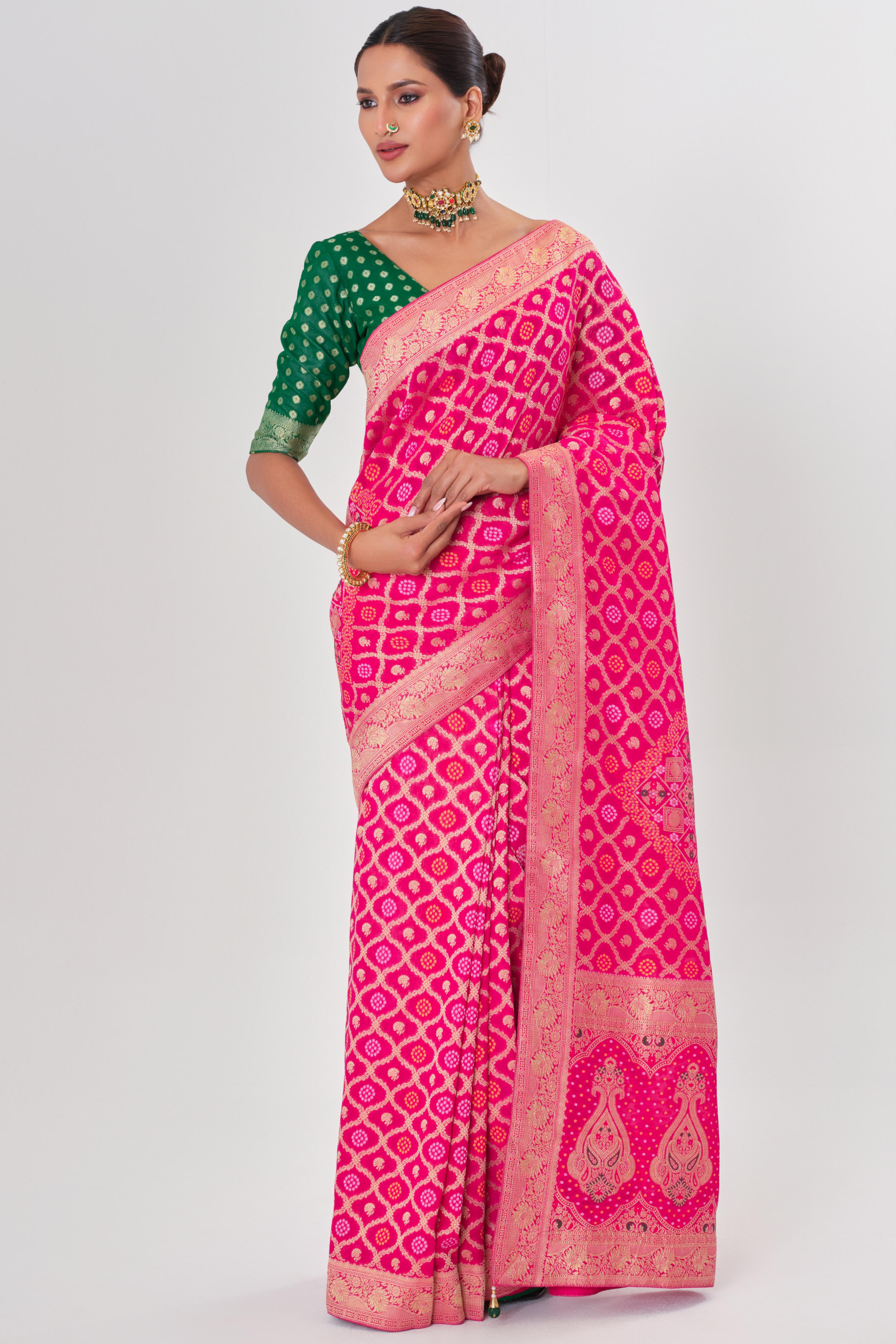 Pink Golden Georgette Silk Saree