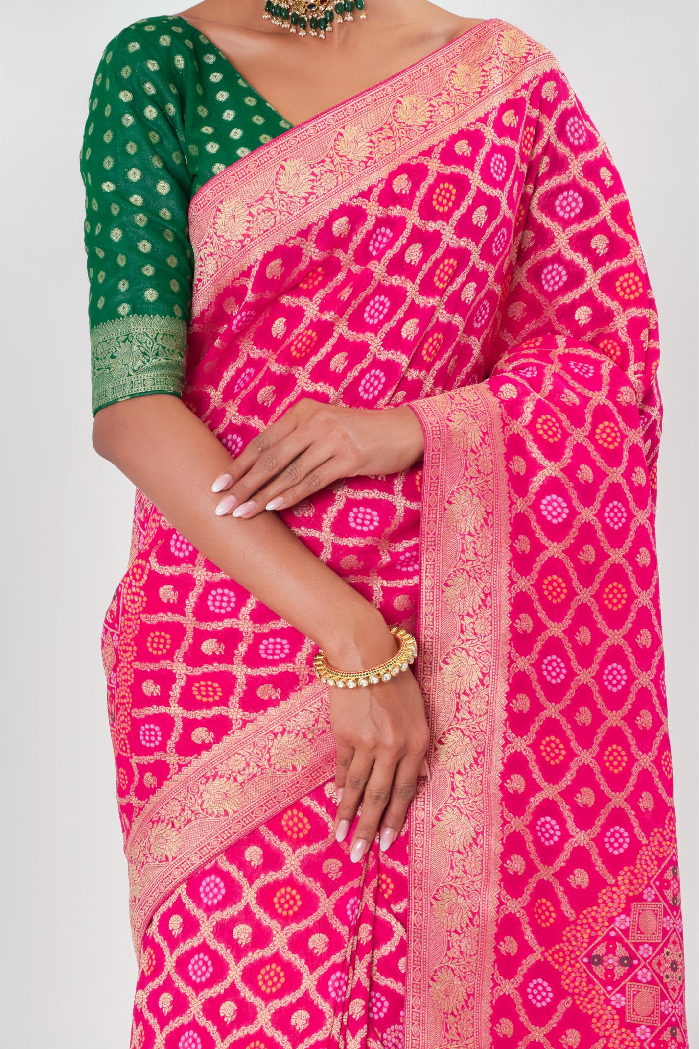 Pink Golden Georgette Silk Saree