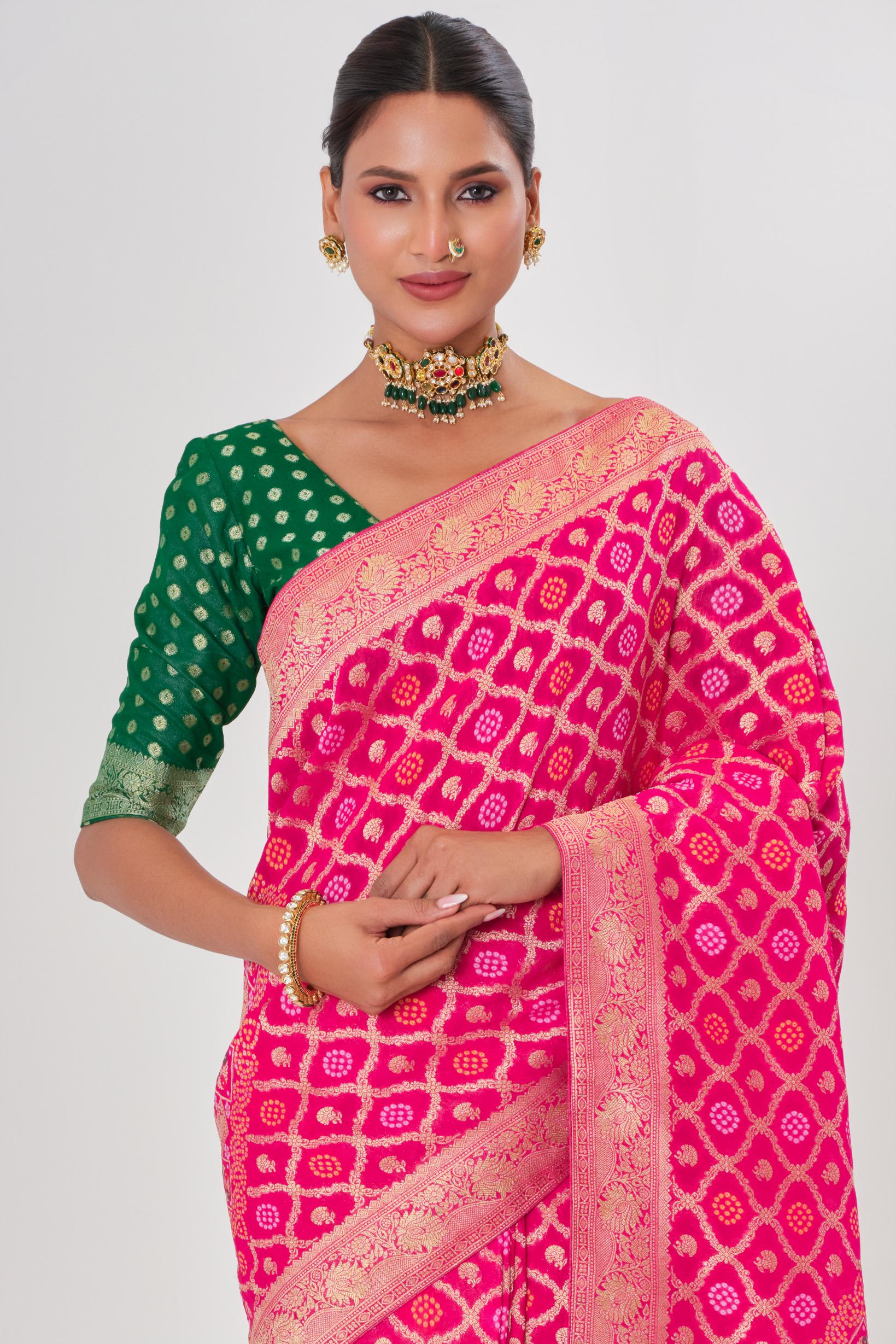 Pink Golden Georgette Silk Saree