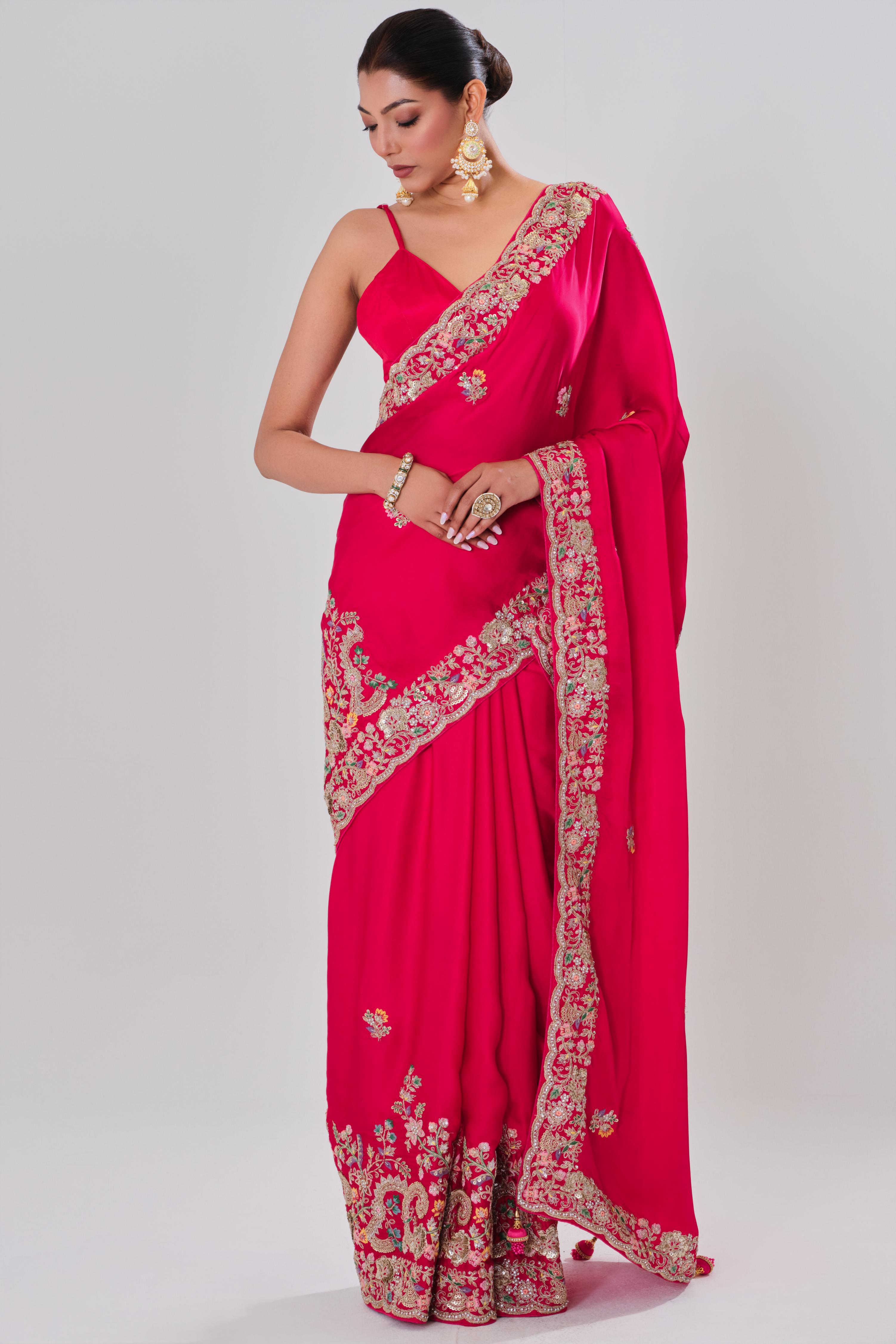 Red Embroidered Satin Silk Saree
