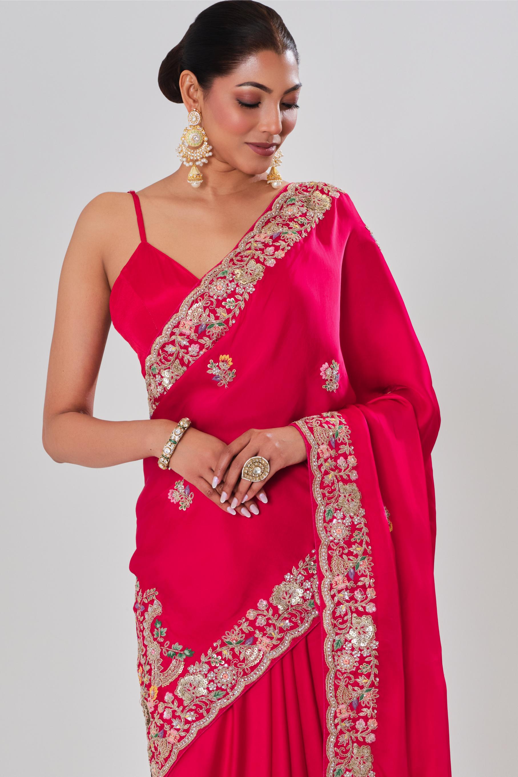Red Embroidered Satin Silk Saree