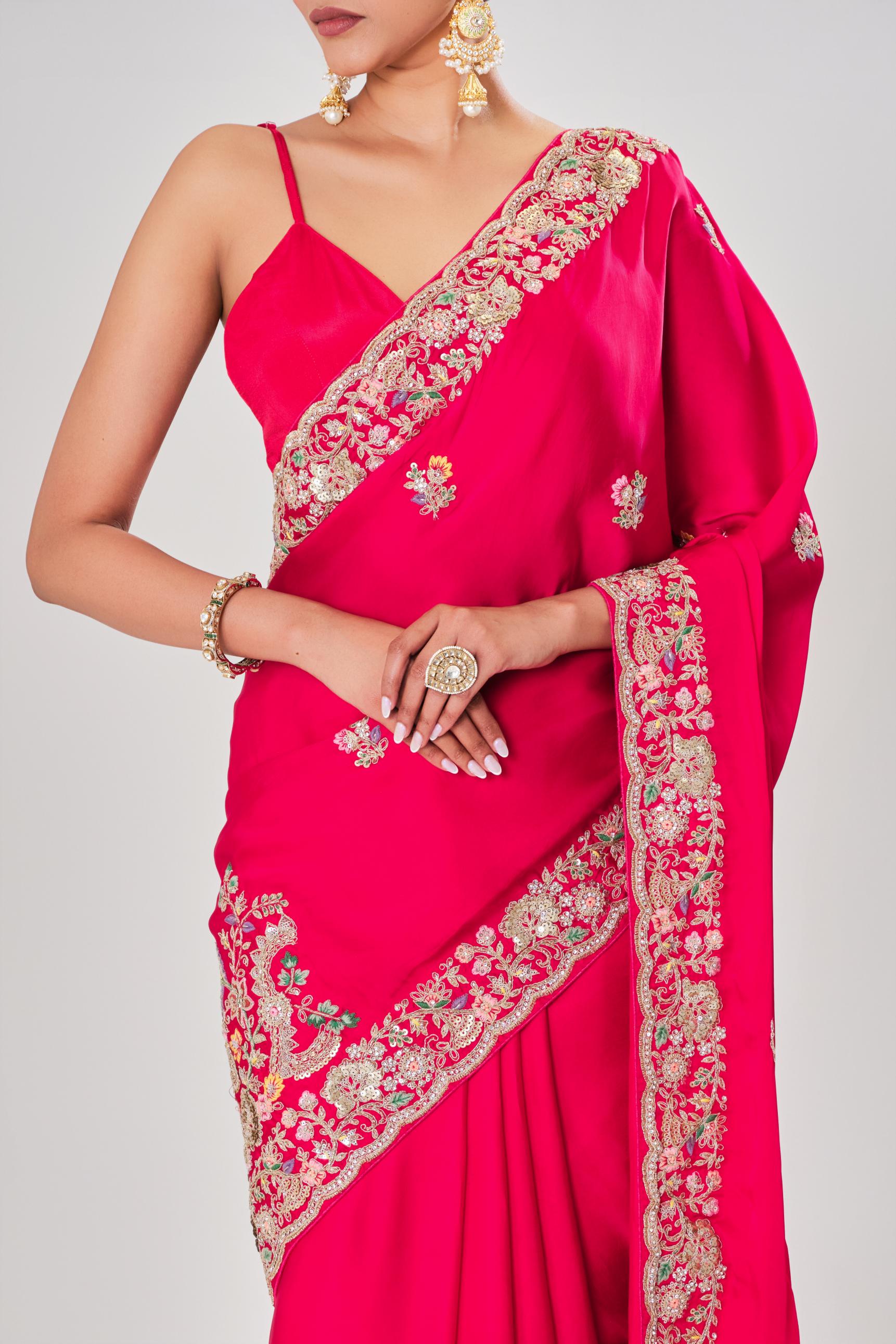Red Embroidered Satin Silk Saree