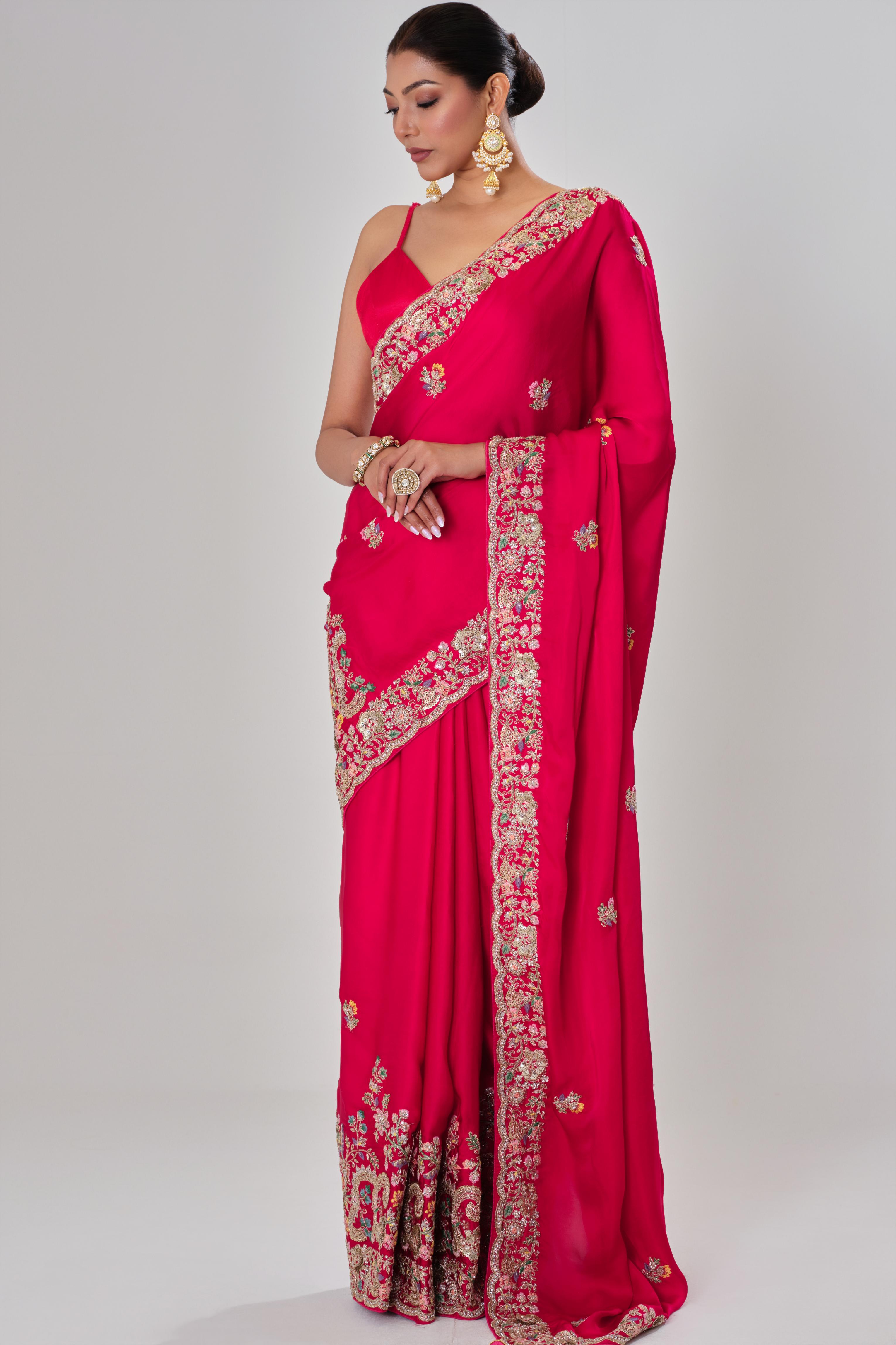 Red Embroidered Satin Silk Saree