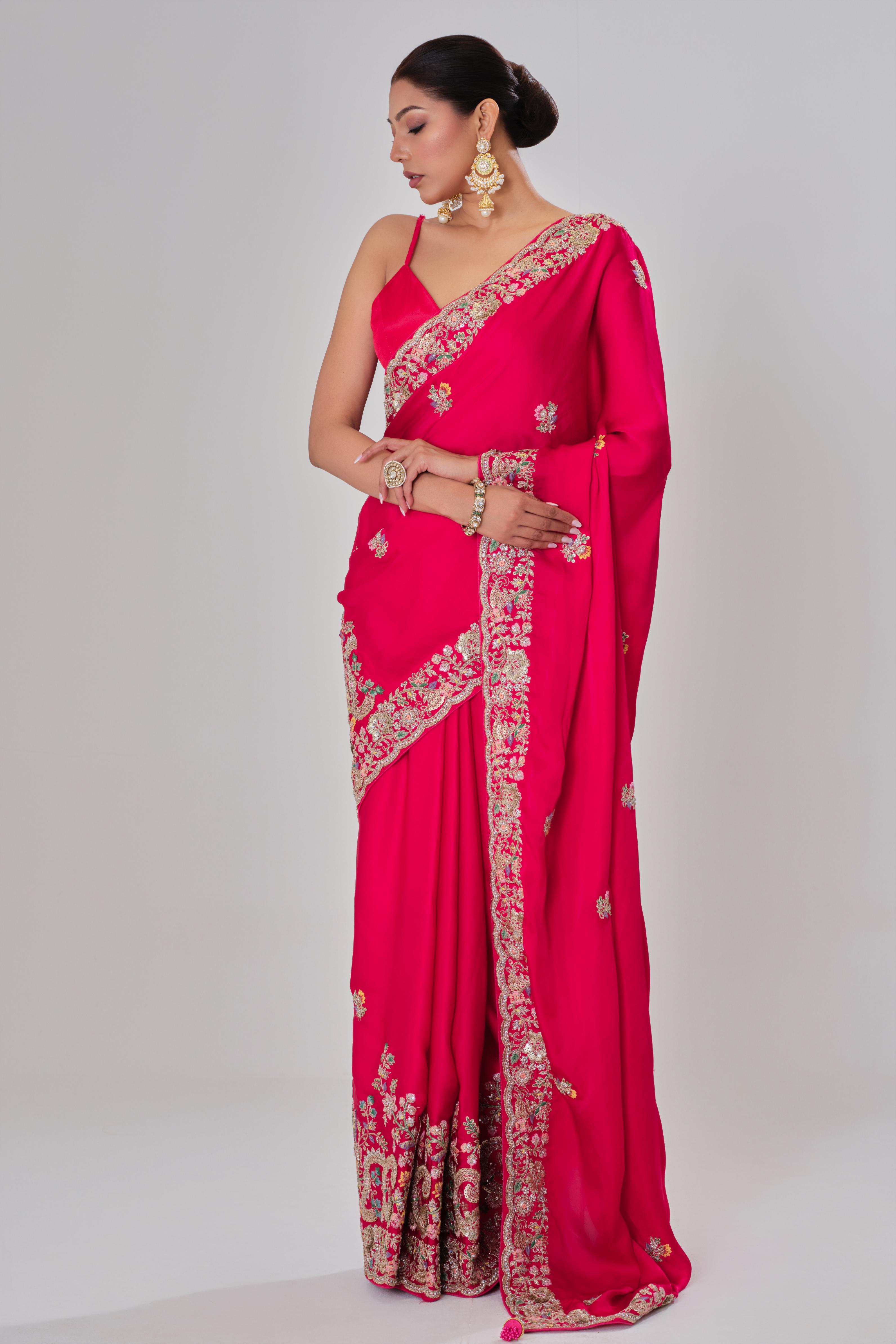 Red Embroidered Satin Silk Saree