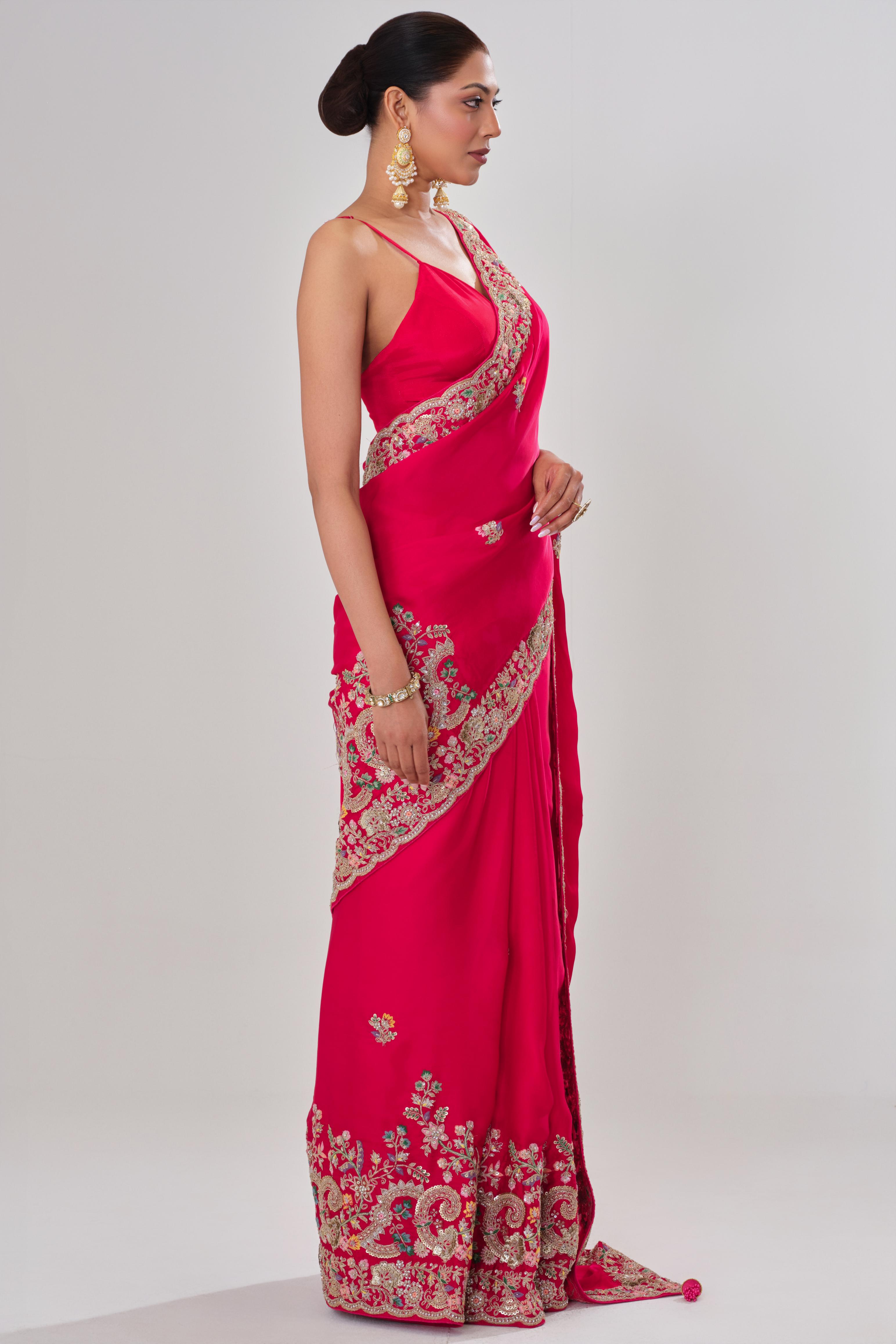 Red Embroidered Satin Silk Saree