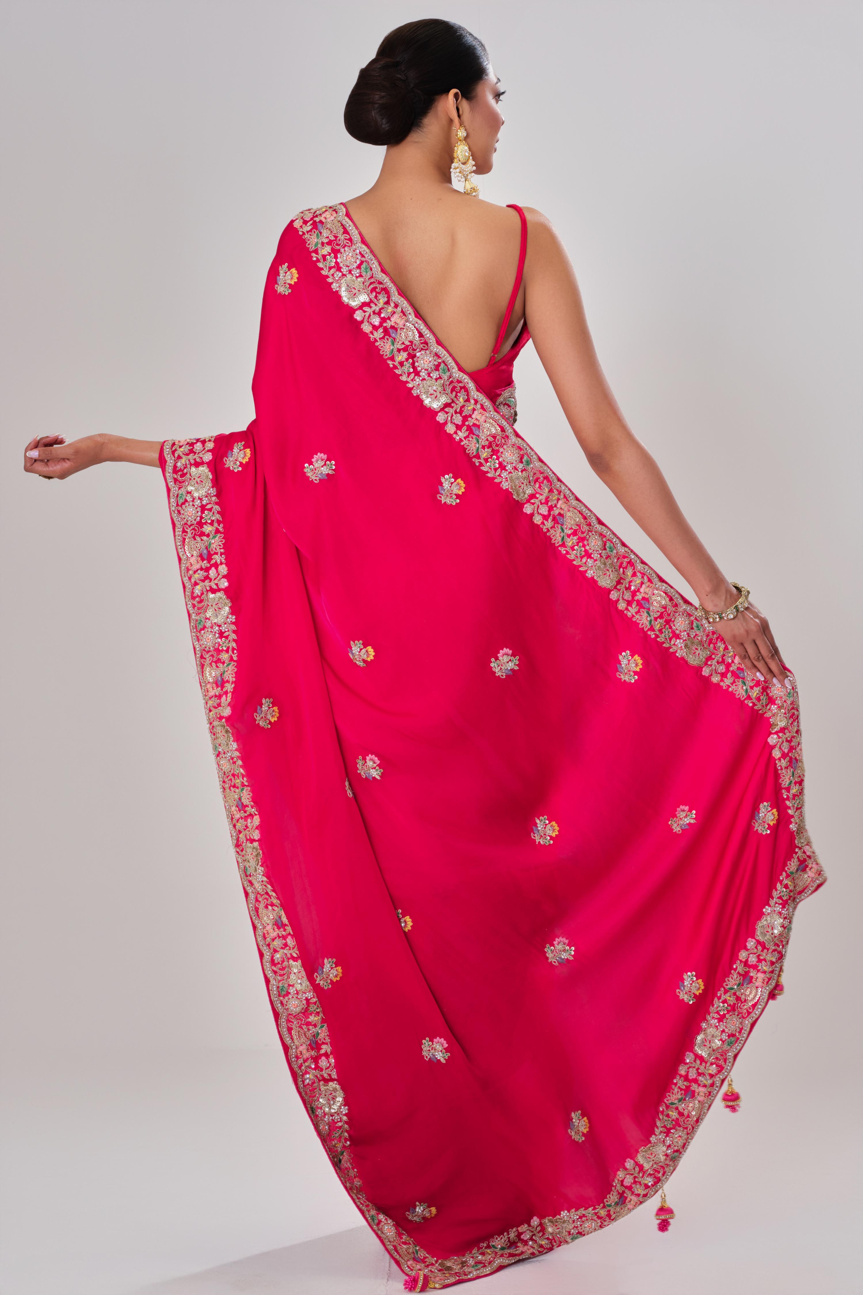 Red Embroidered Satin Silk Saree