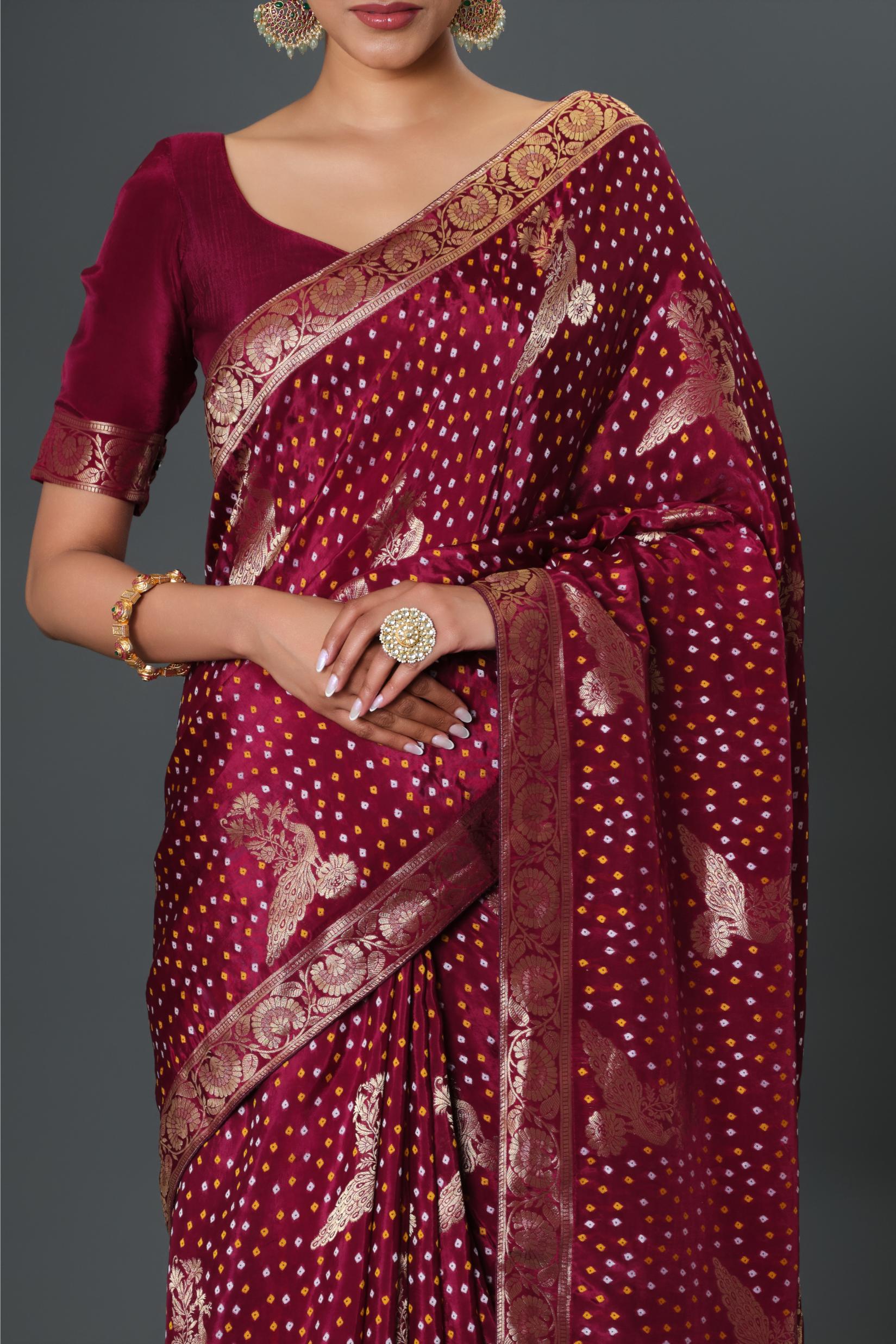Wine Bandhani Printed Dola Silk Saree