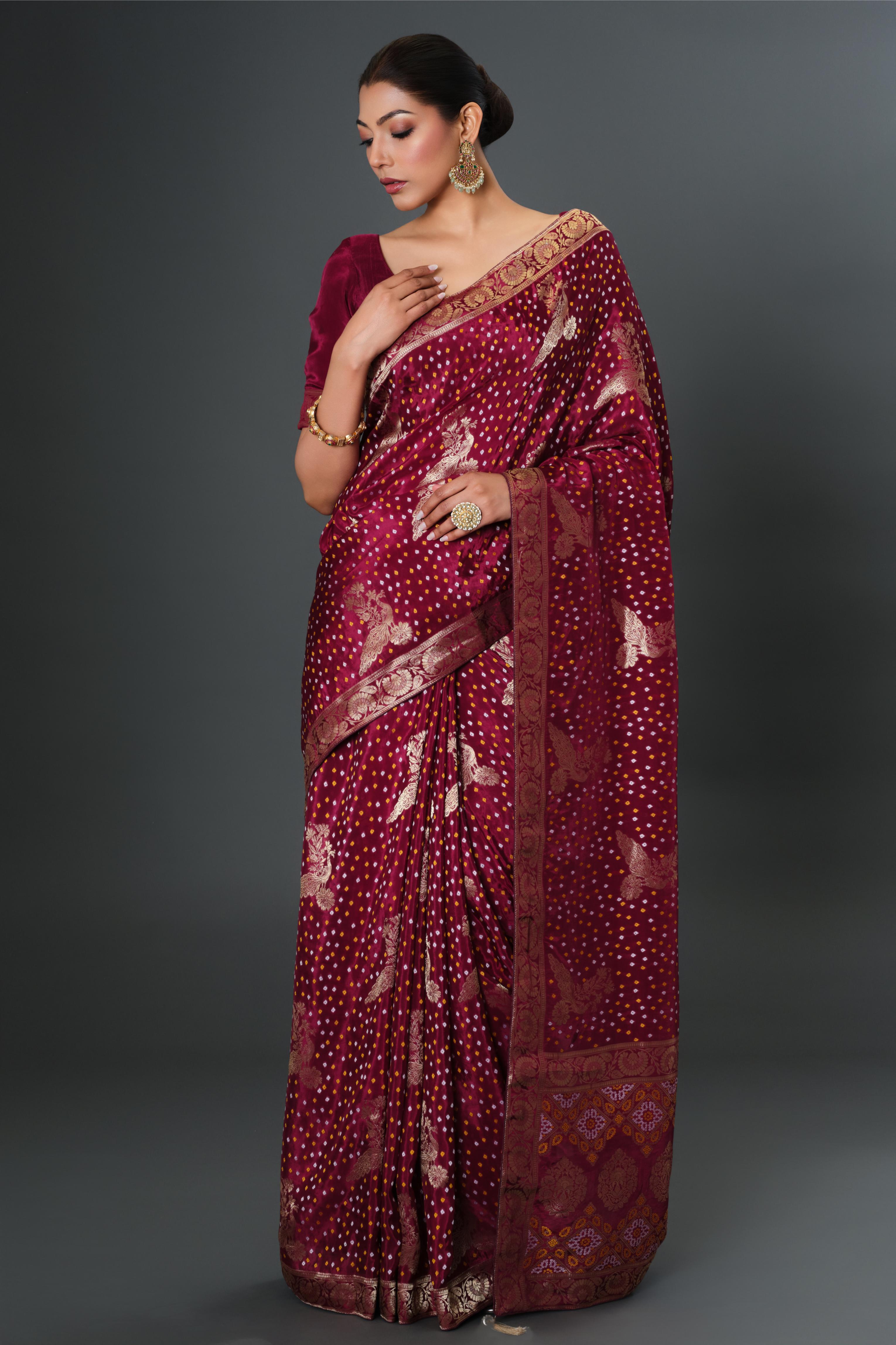 Wine Bandhani Printed Dola Silk Saree