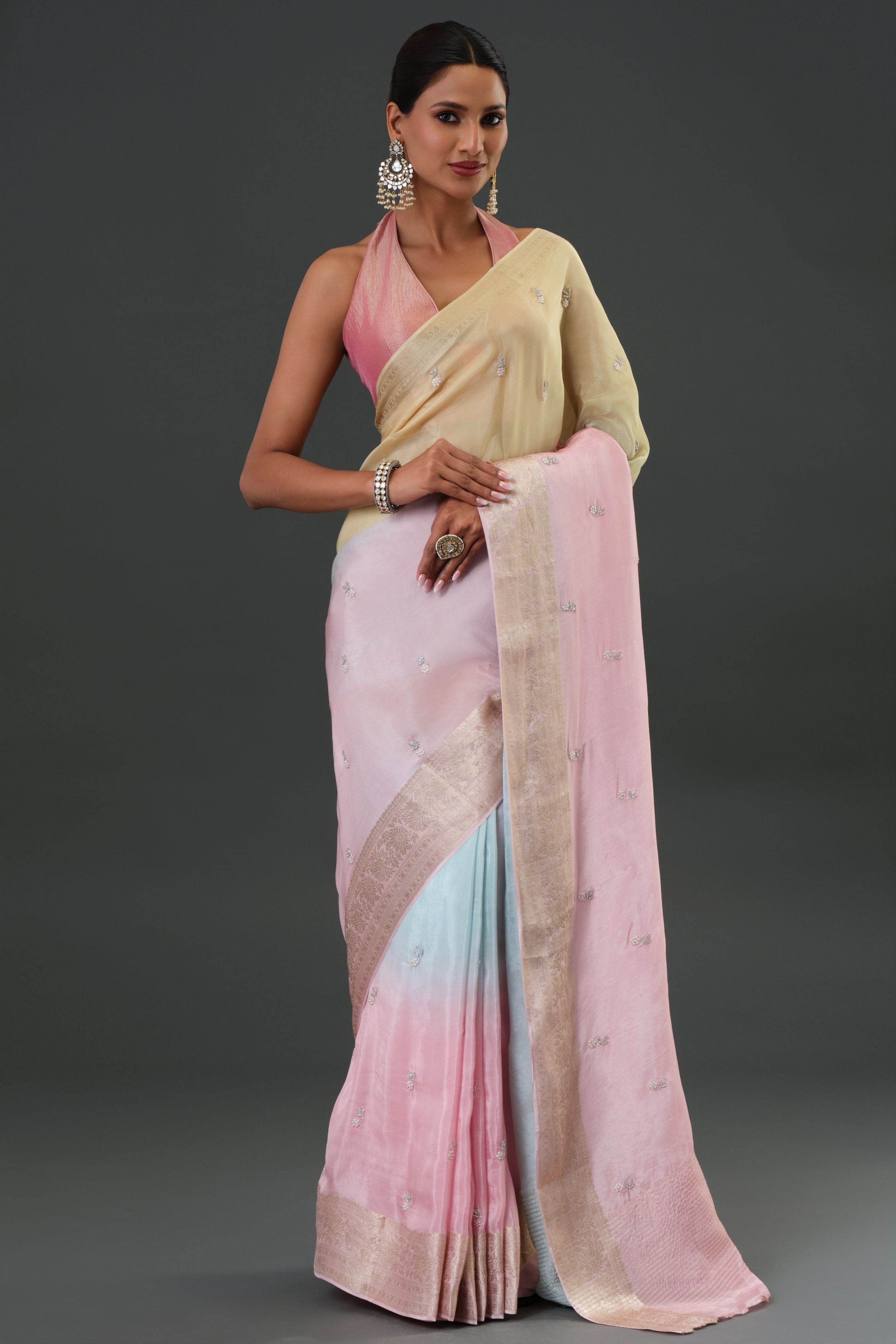 Light Pink Embroidered Organza Silk Saree