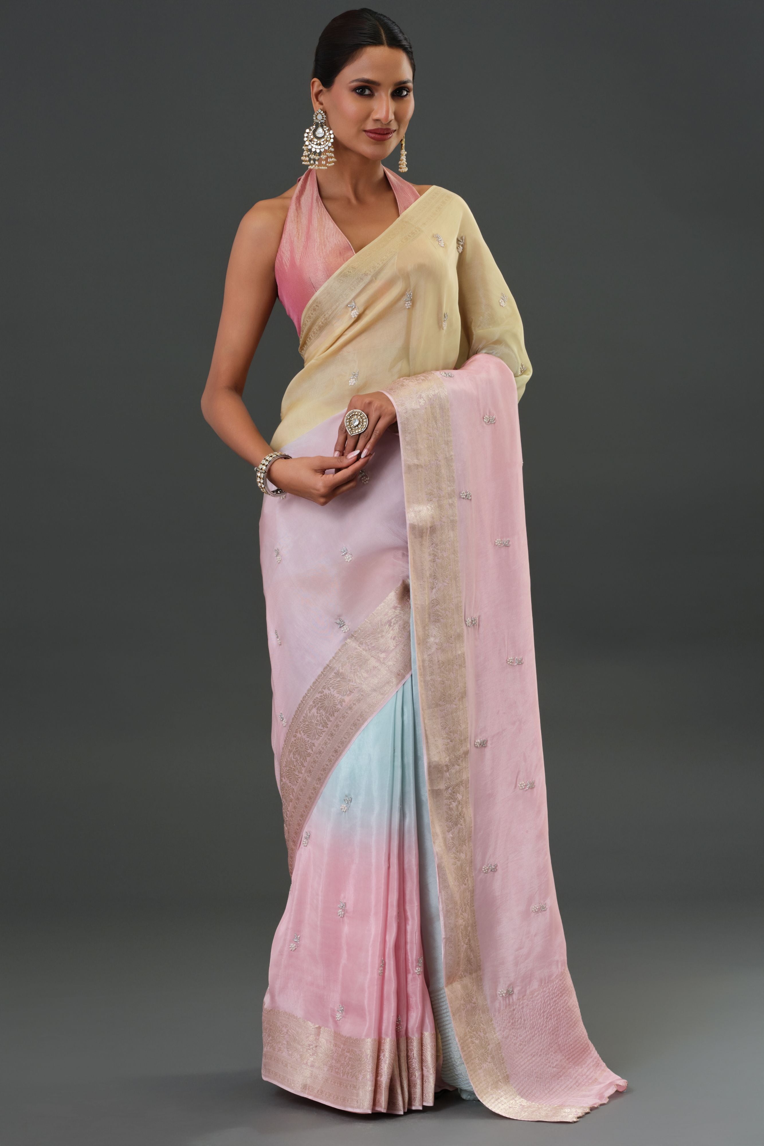 Light Pink Embroidered Organza Silk Saree