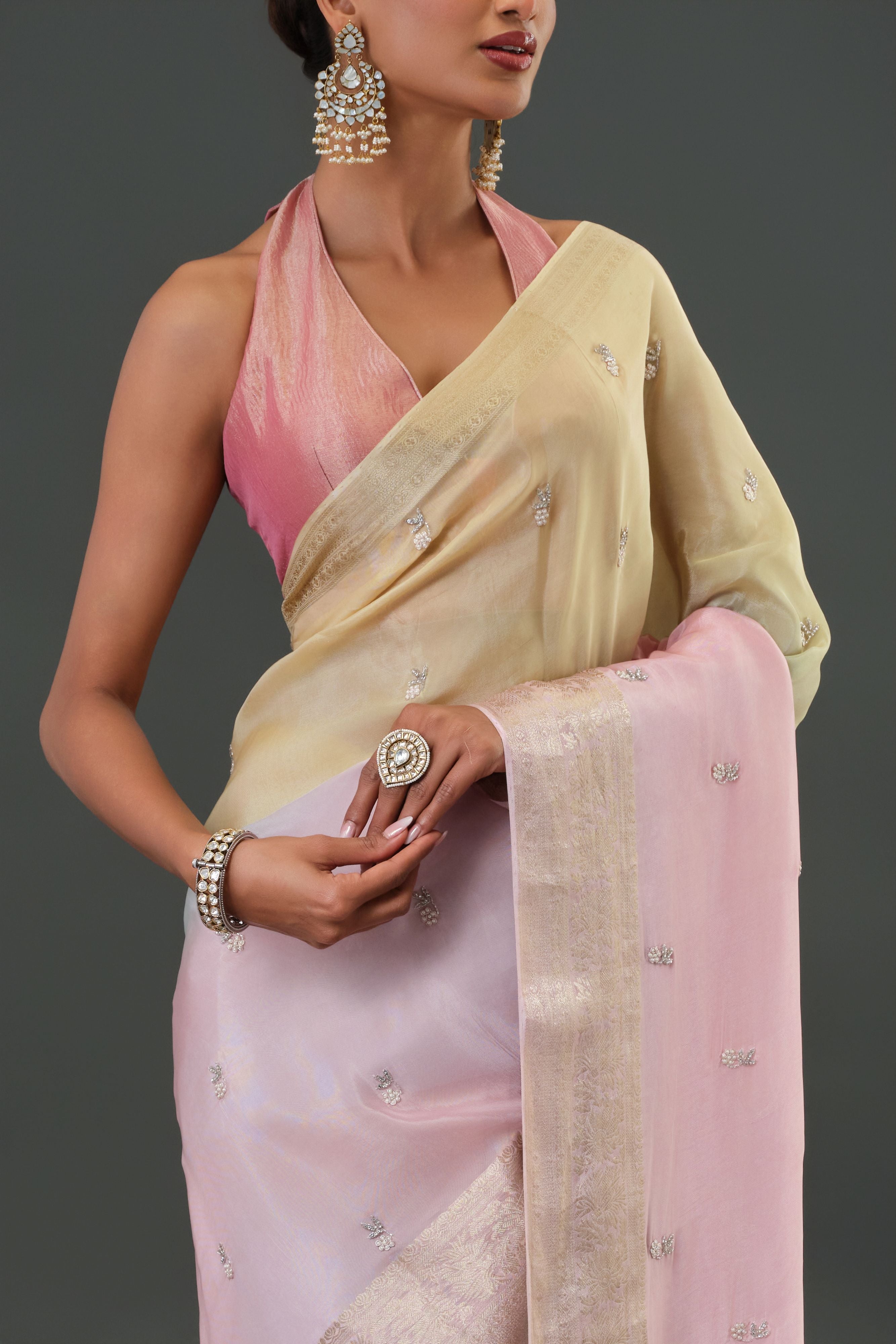 Light Pink Embroidered Organza Silk Saree