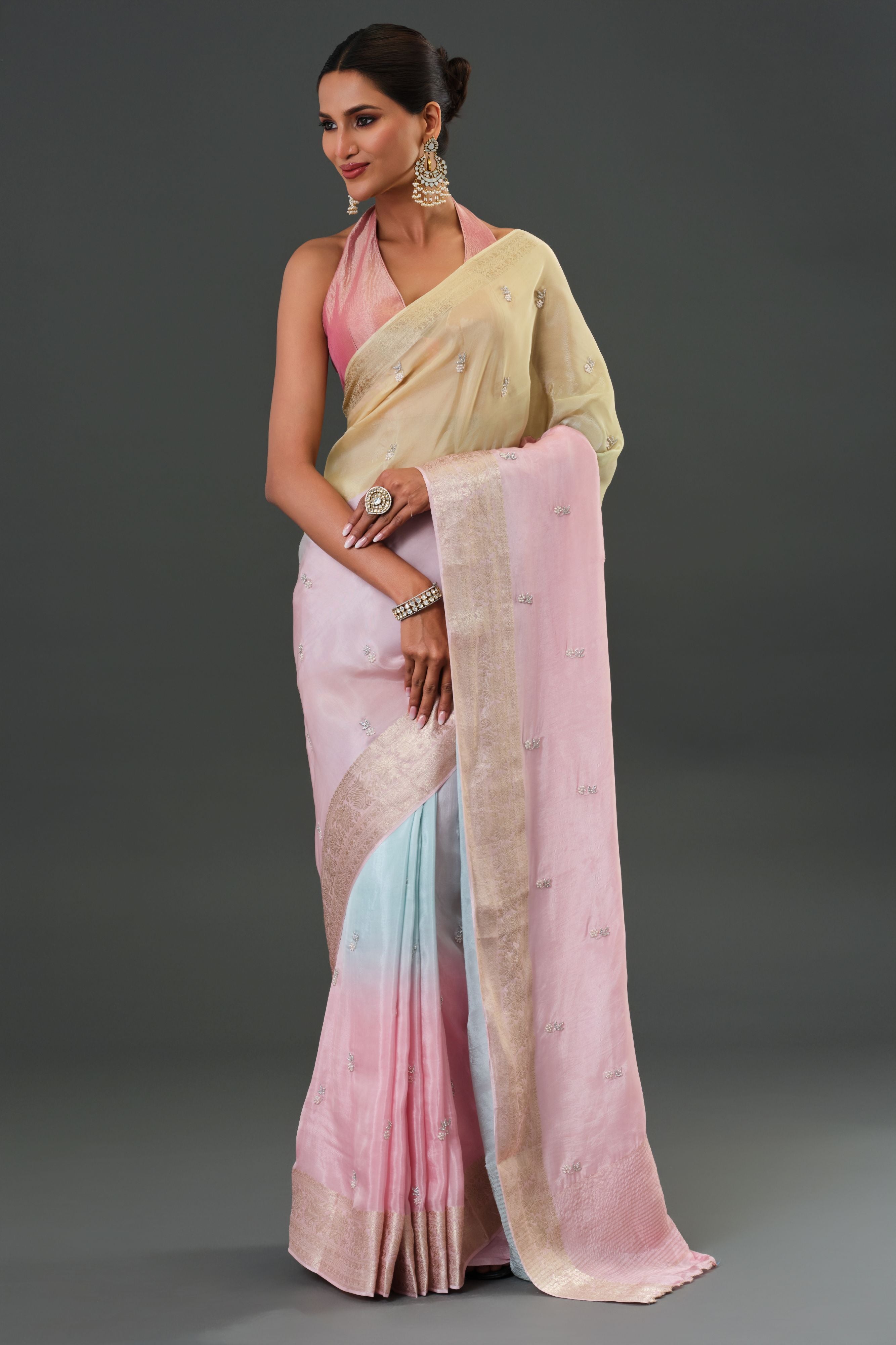 Light Pink Embroidered Organza Silk Saree