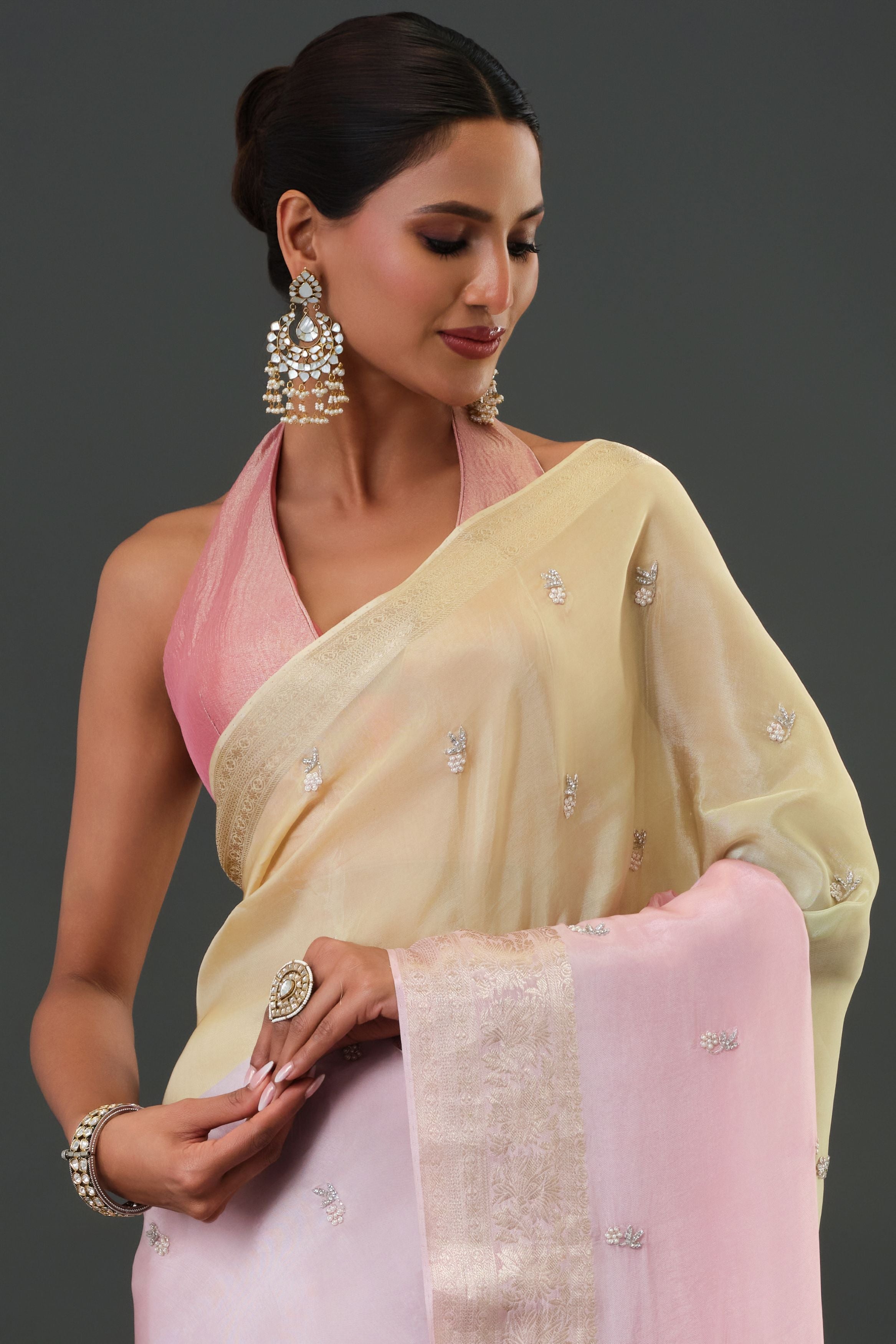 Light Pink Embroidered Organza Silk Saree