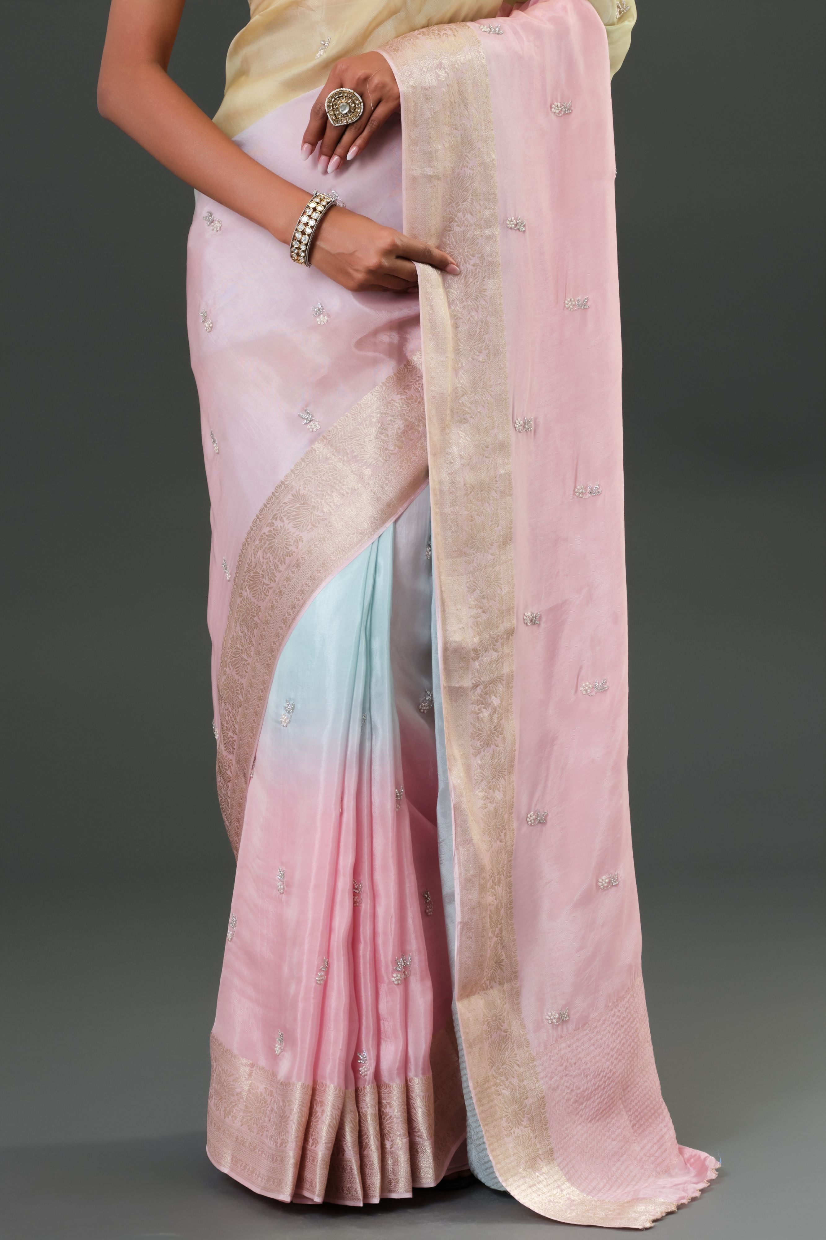 Light Pink Embroidered Organza Silk Saree