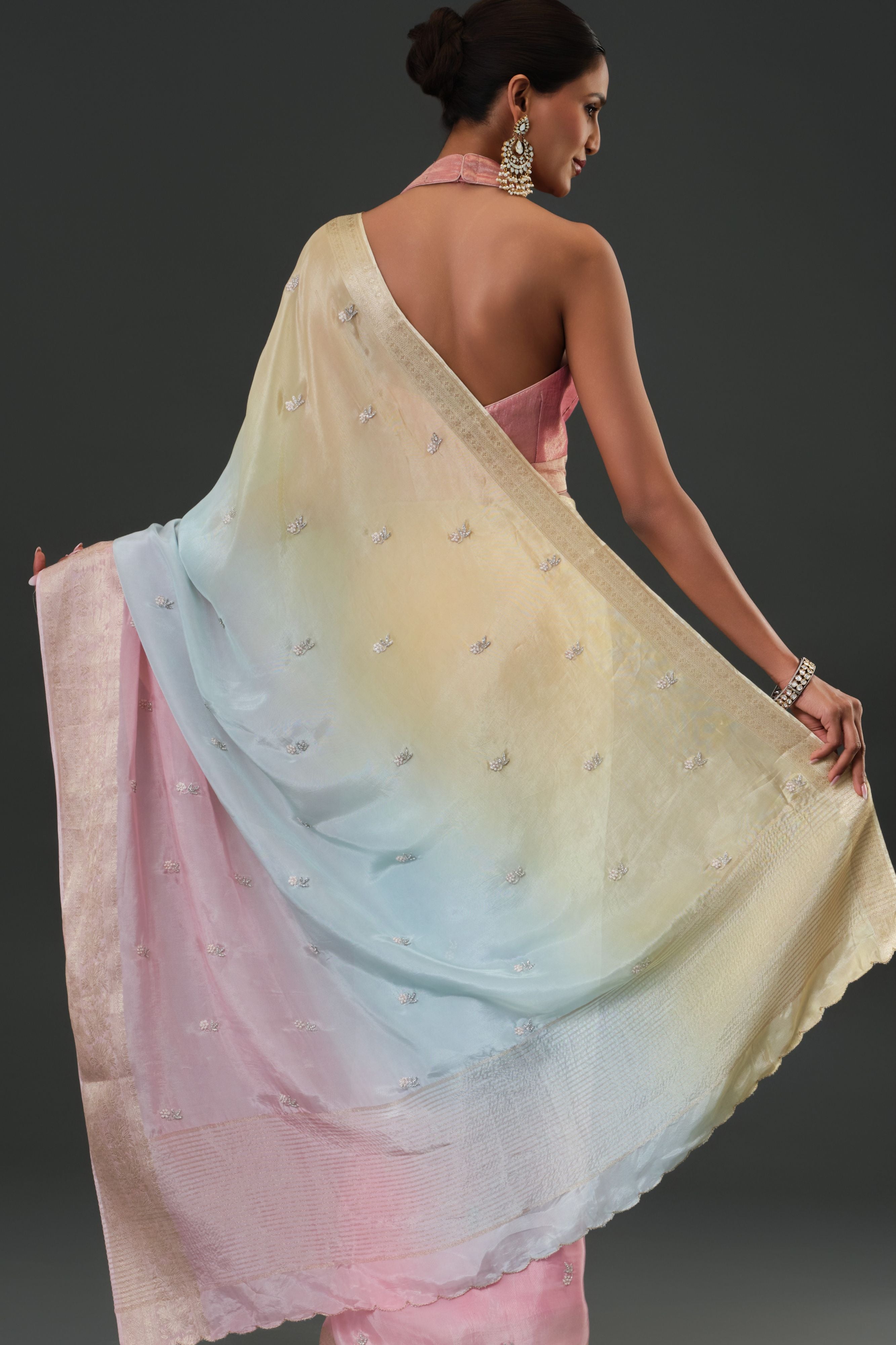 Light Pink Embroidered Organza Silk Saree