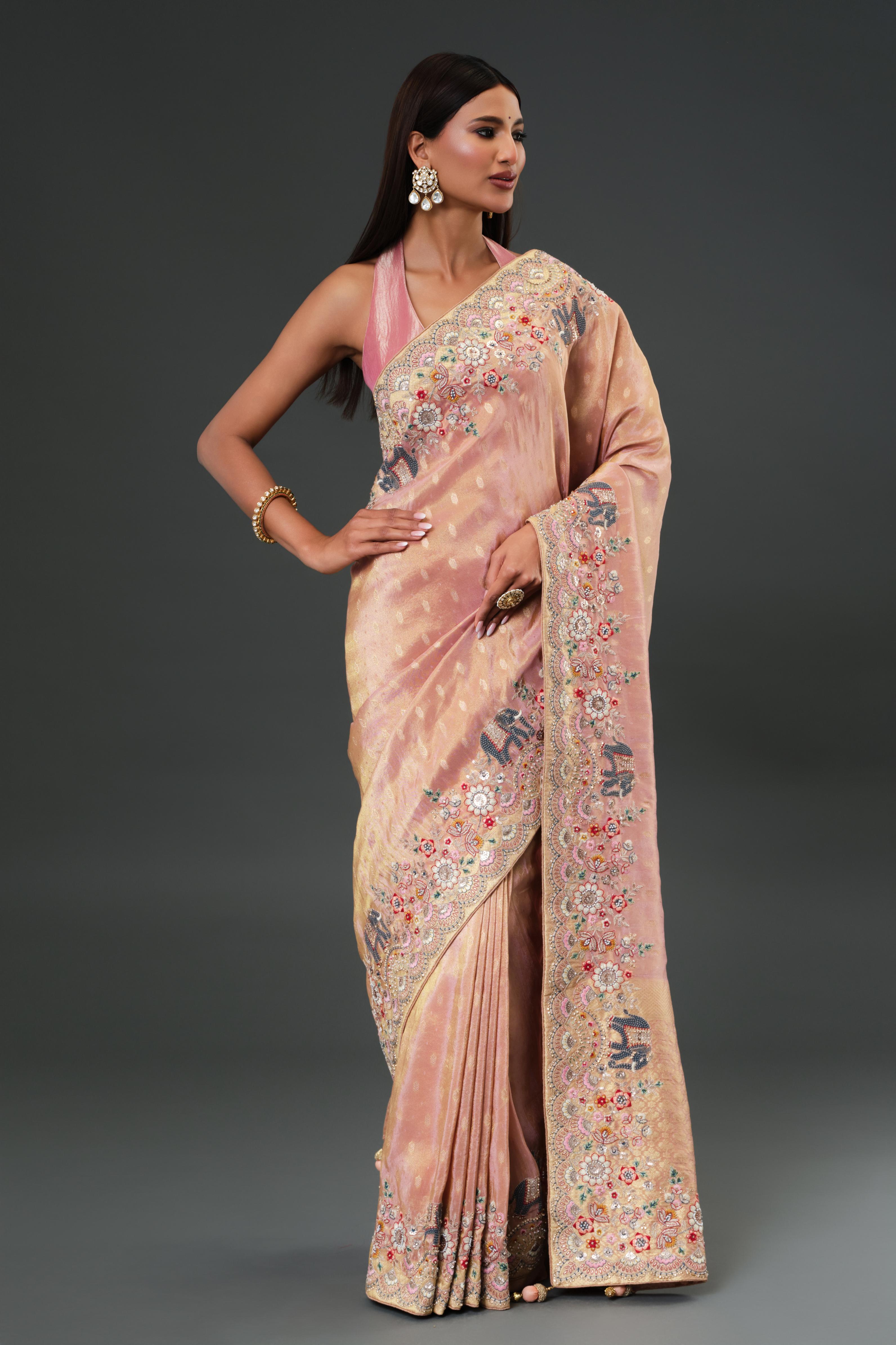 Dusky Peach Banarasi Tissue Silk Saree