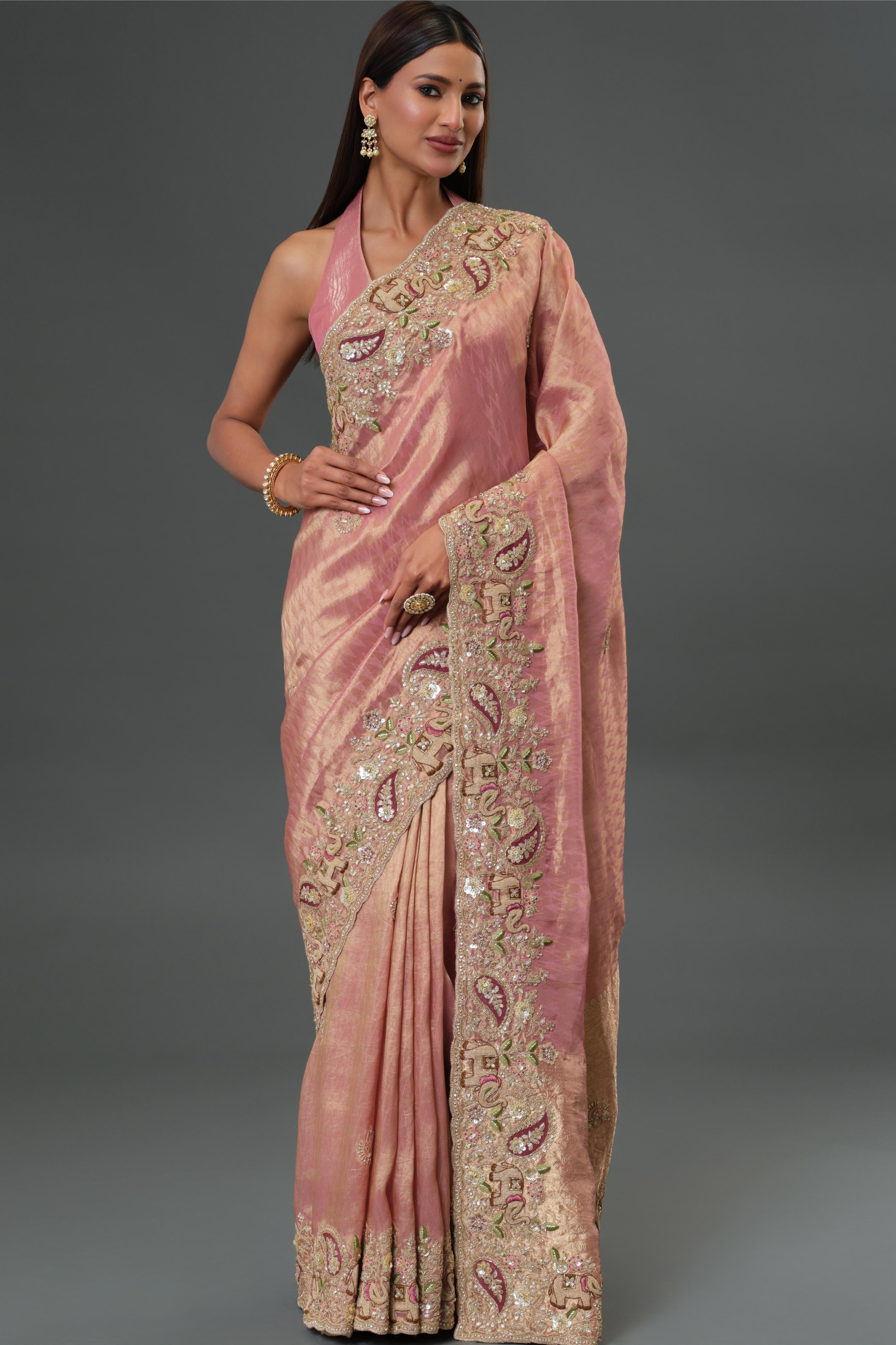 Dusty Rose Pink Embroidered Banarasi Tissue Silk Saree