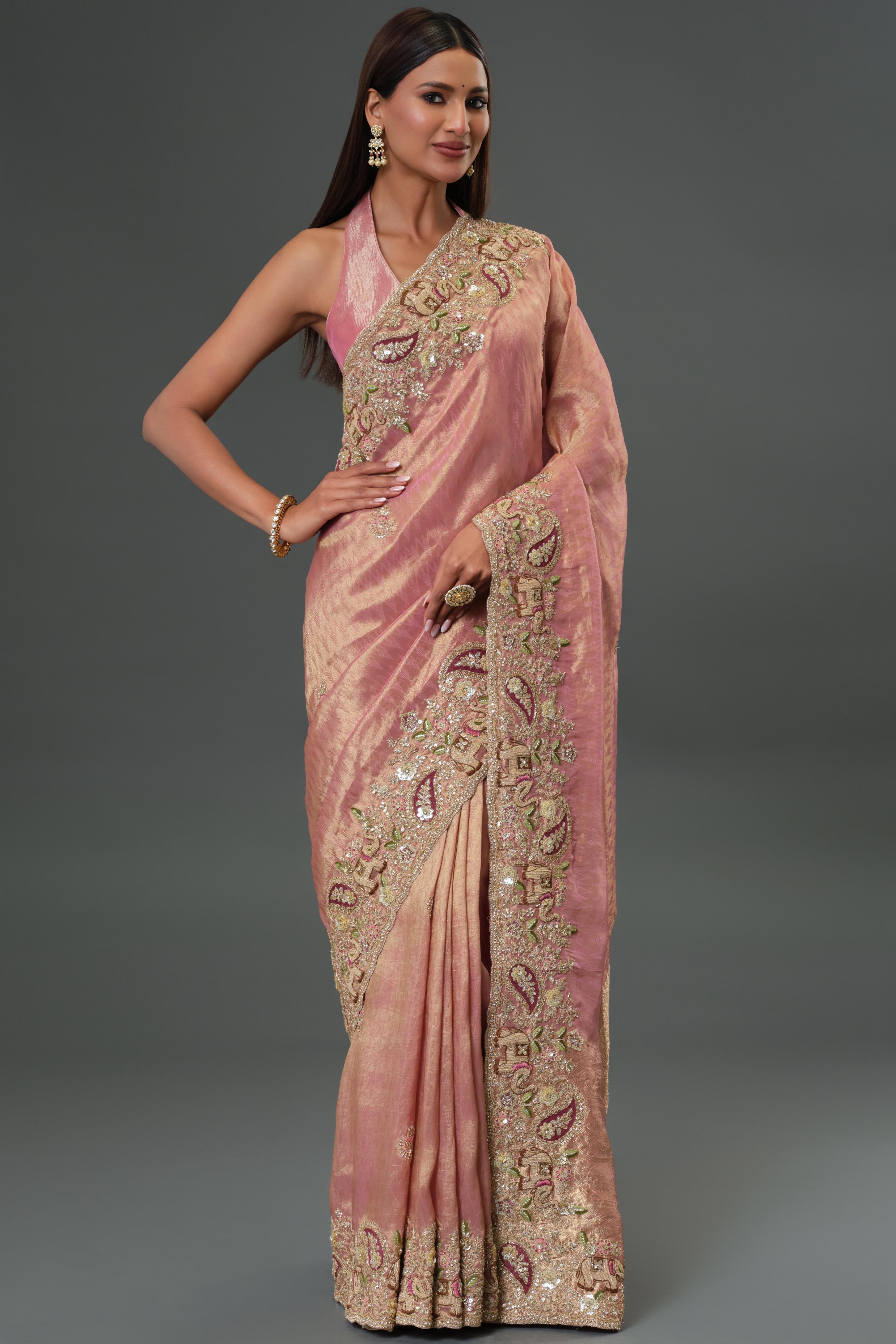 Dusty Rose Pink Embroidered Banarasi Tissue Silk Saree