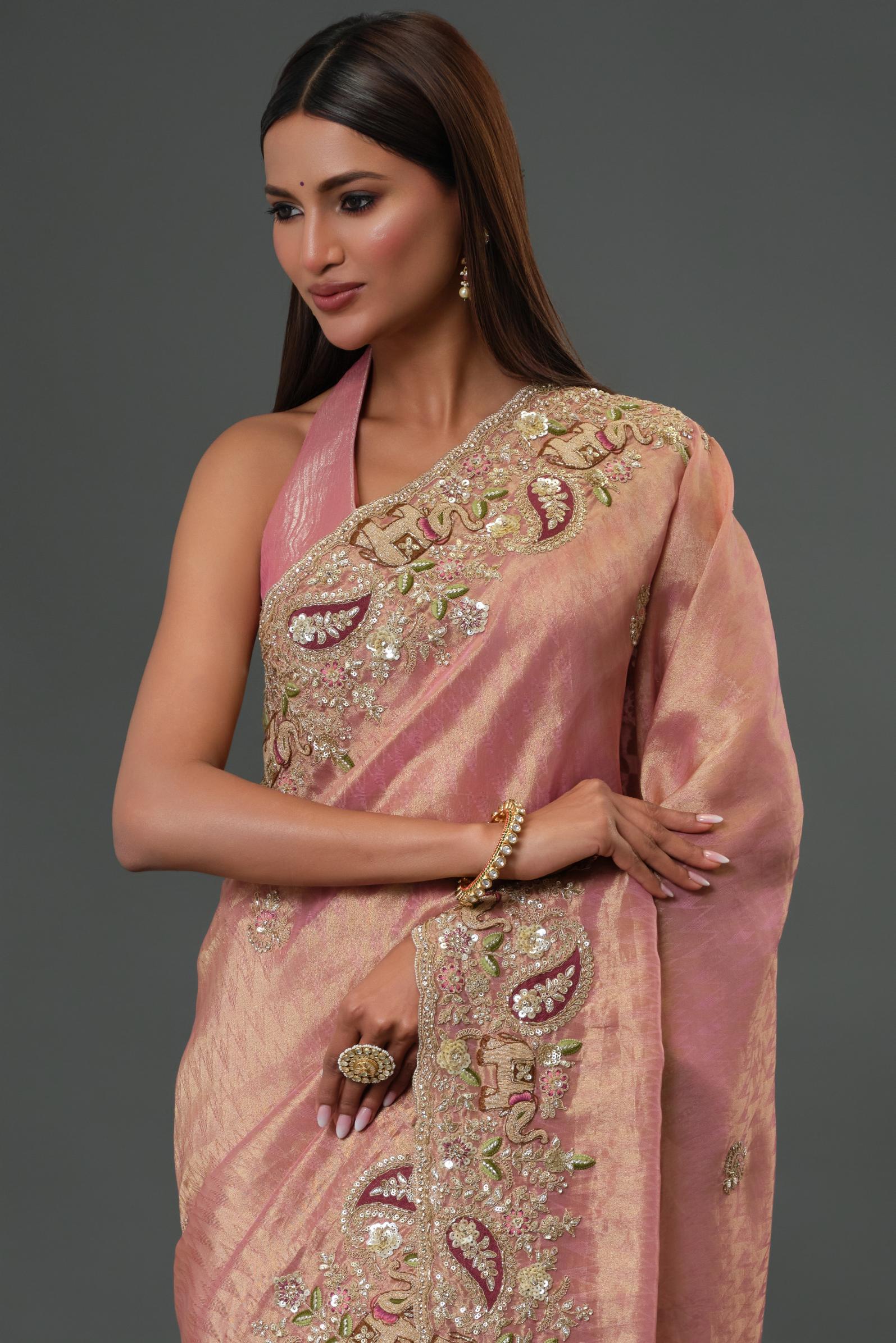Dusty Rose Pink Embroidered Banarasi Tissue Silk Saree