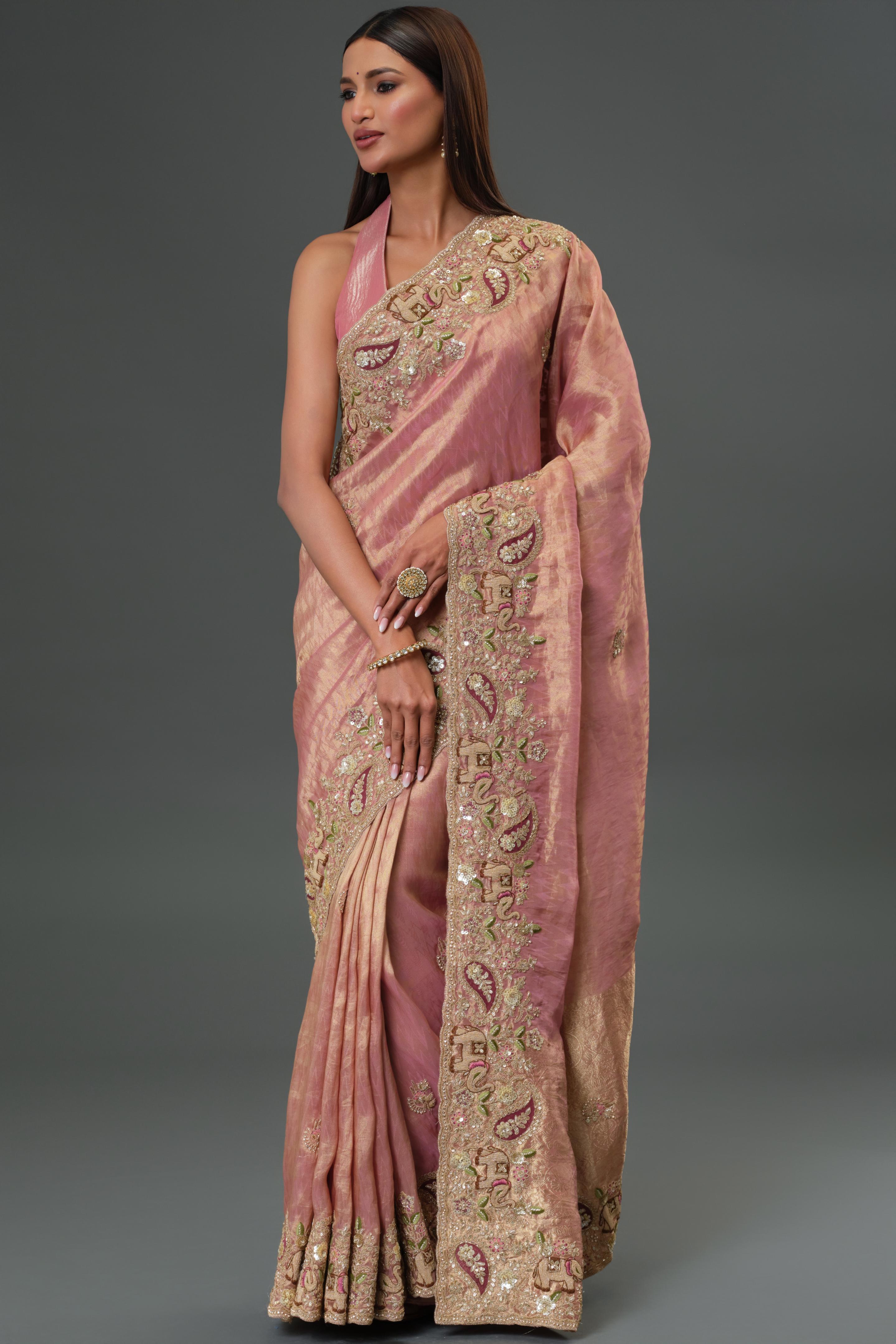 Dusty Rose Pink Embroidered Banarasi Tissue Silk Saree