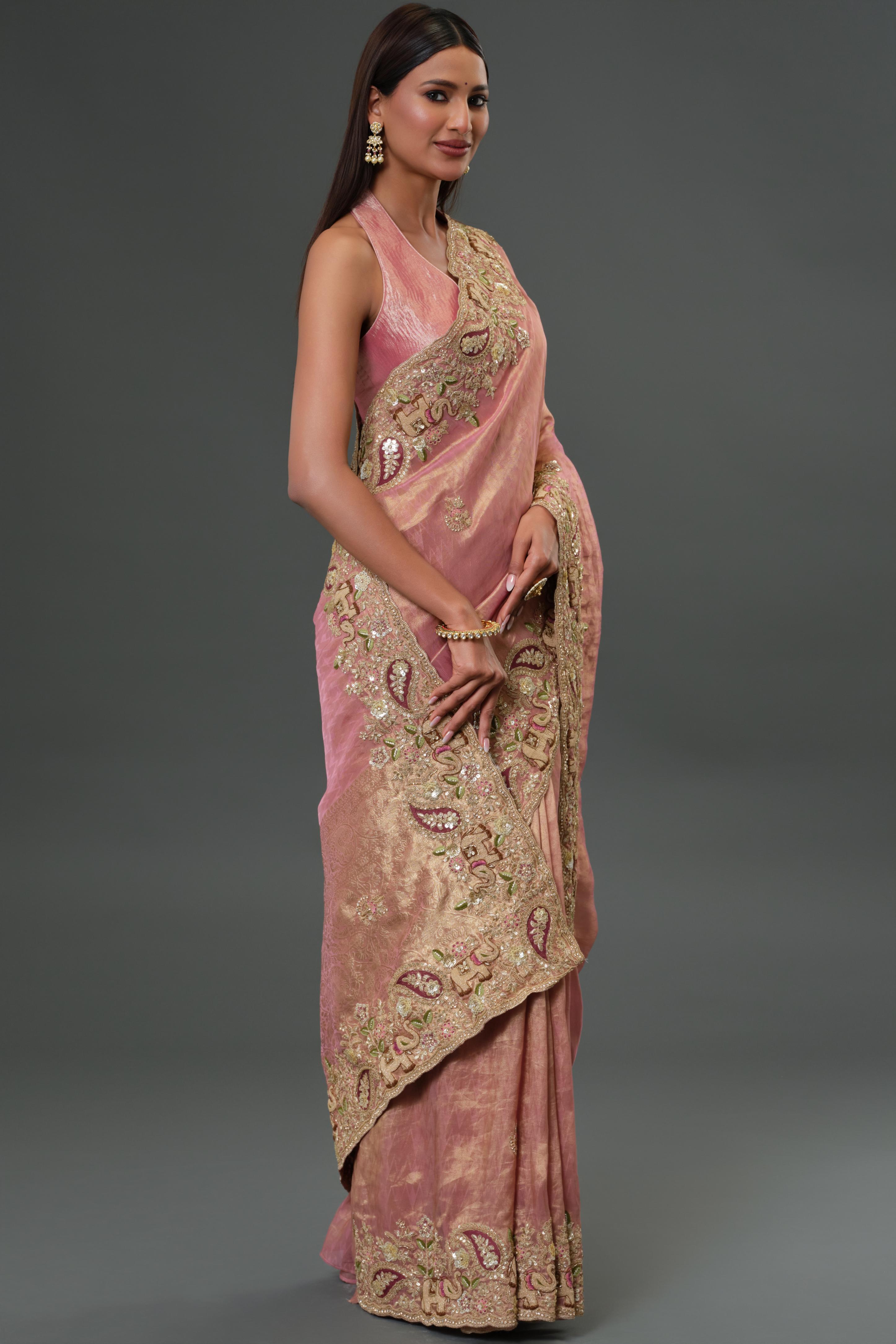 Dusty Rose Pink Embroidered Banarasi Tissue Silk Saree